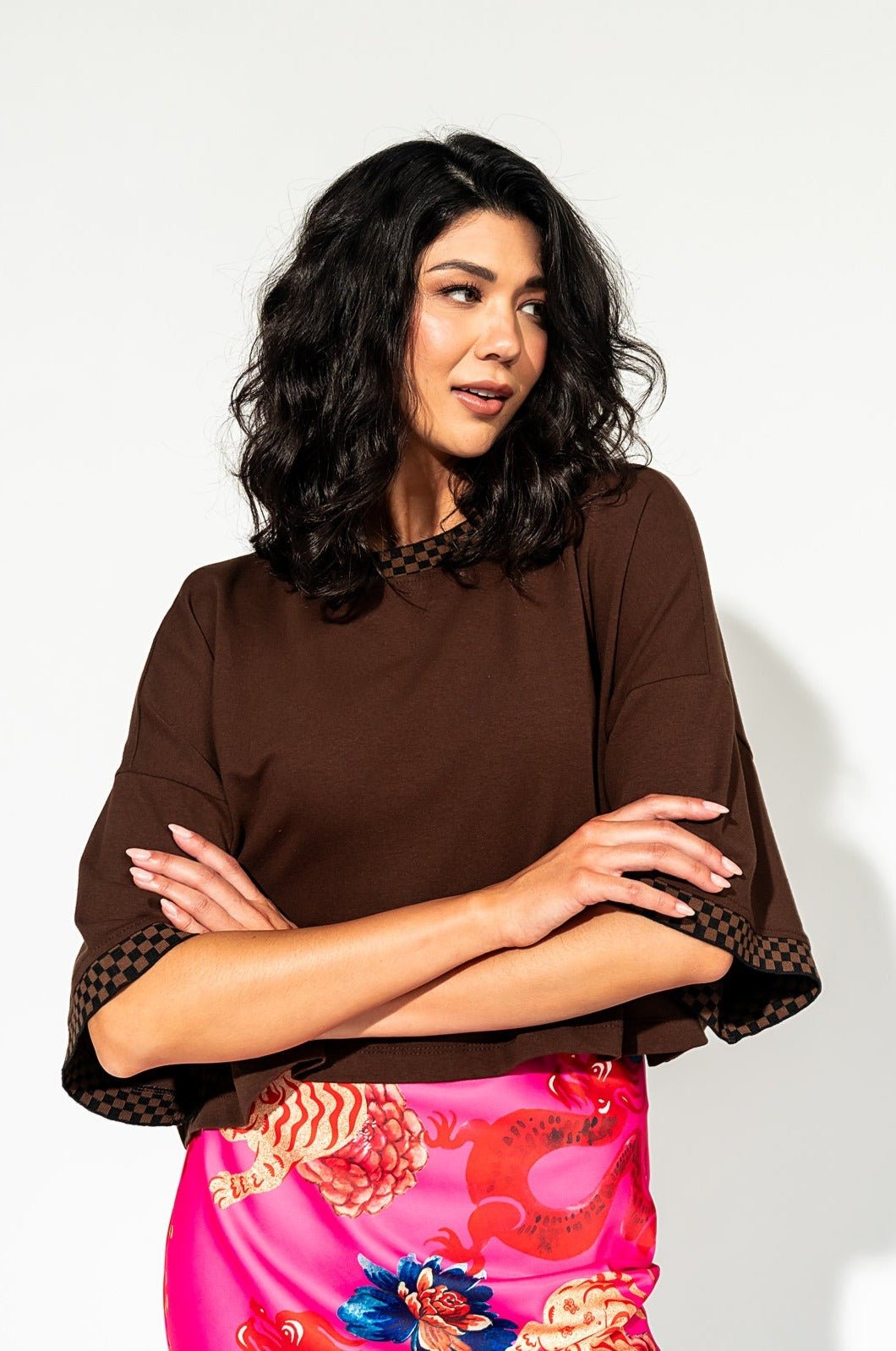 LALA ORIGINAL: Frankie Cropped Tee in Chocolate Brown + Checkerboard - Dressed in Lala