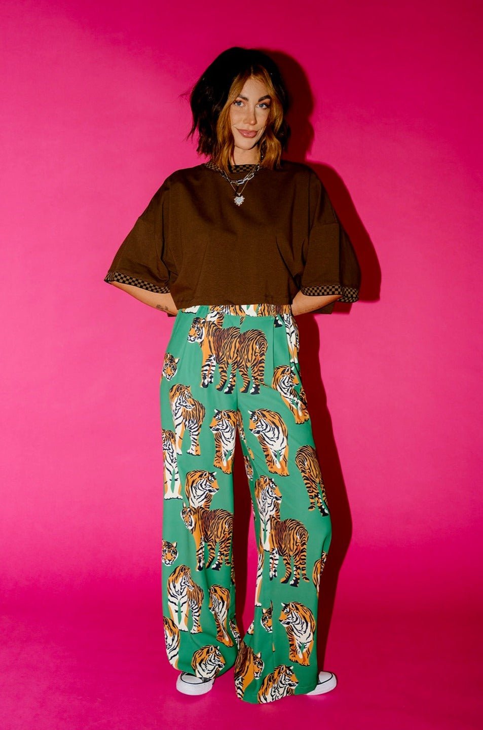 LALA ORIGINAL: Frankie Cropped Tee in Chocolate Brown + Checkerboard - Dressed in Lala