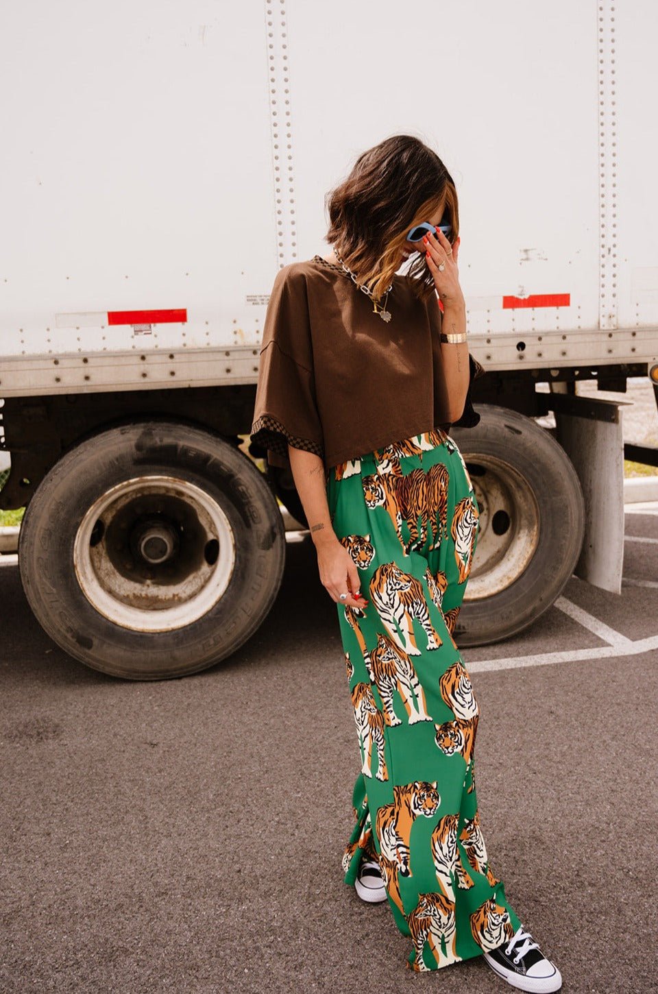 LALA ORIGINAL: Frankie Cropped Tee in Chocolate Brown + Checkerboard - Dressed in Lala