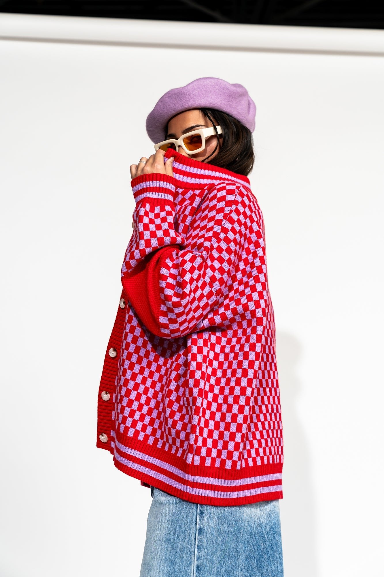 LALA ORIGINAL: Get What I Want Grandpa Cardigan in Lavender + Red - Dressed in Lala