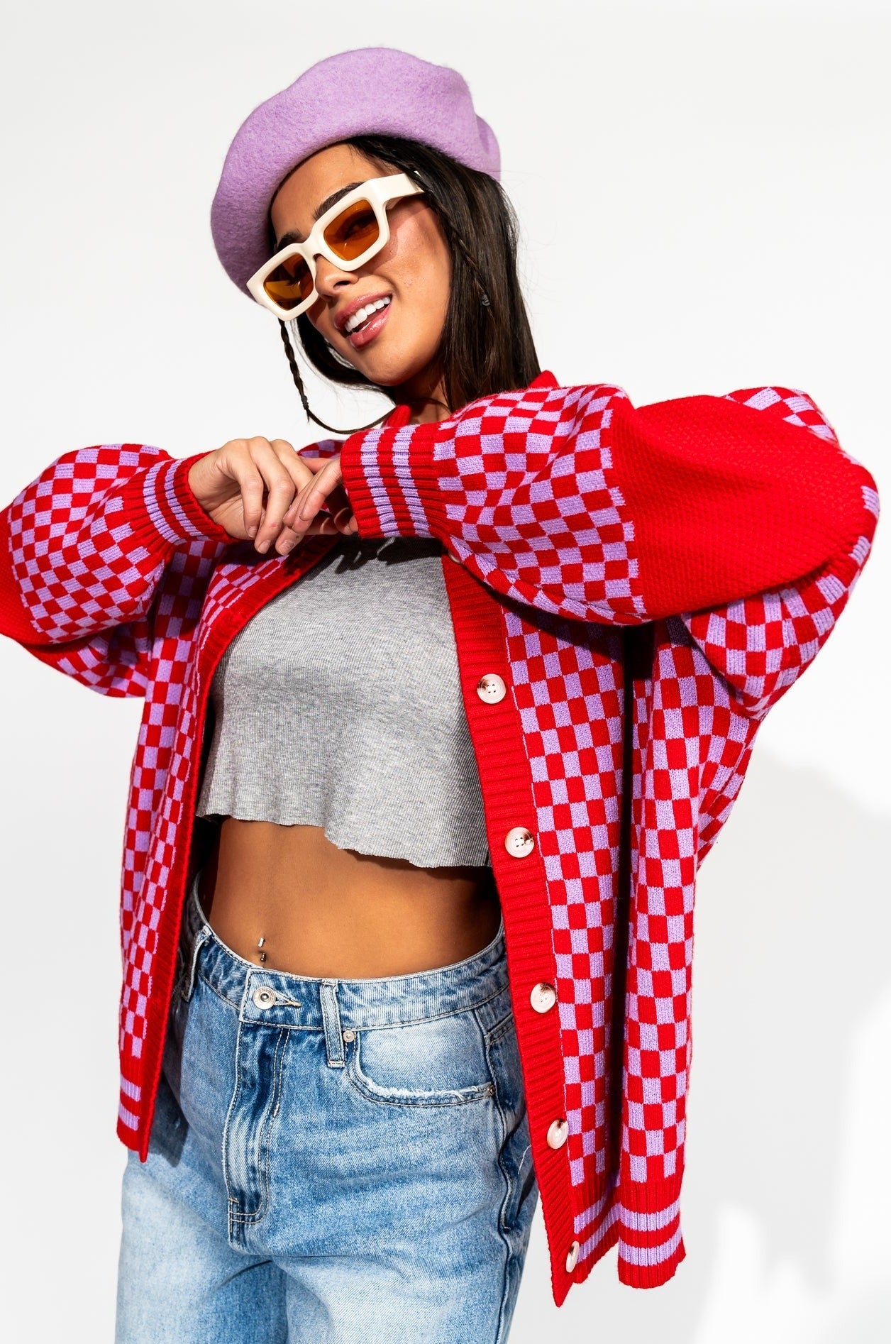 LALA ORIGINAL: Get What I Want Grandpa Cardigan in Lavender + Red - Dressed in Lala