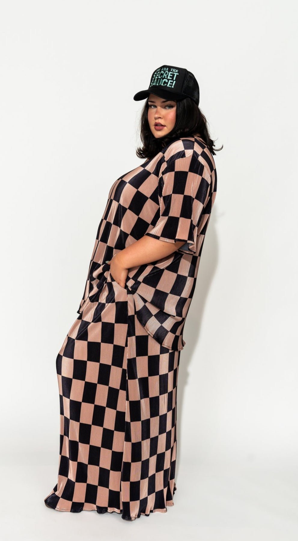LALA ORIGINAL: Grunge Girl Plisse Set in Black + Chai Checkerboard - Dressed in Lala