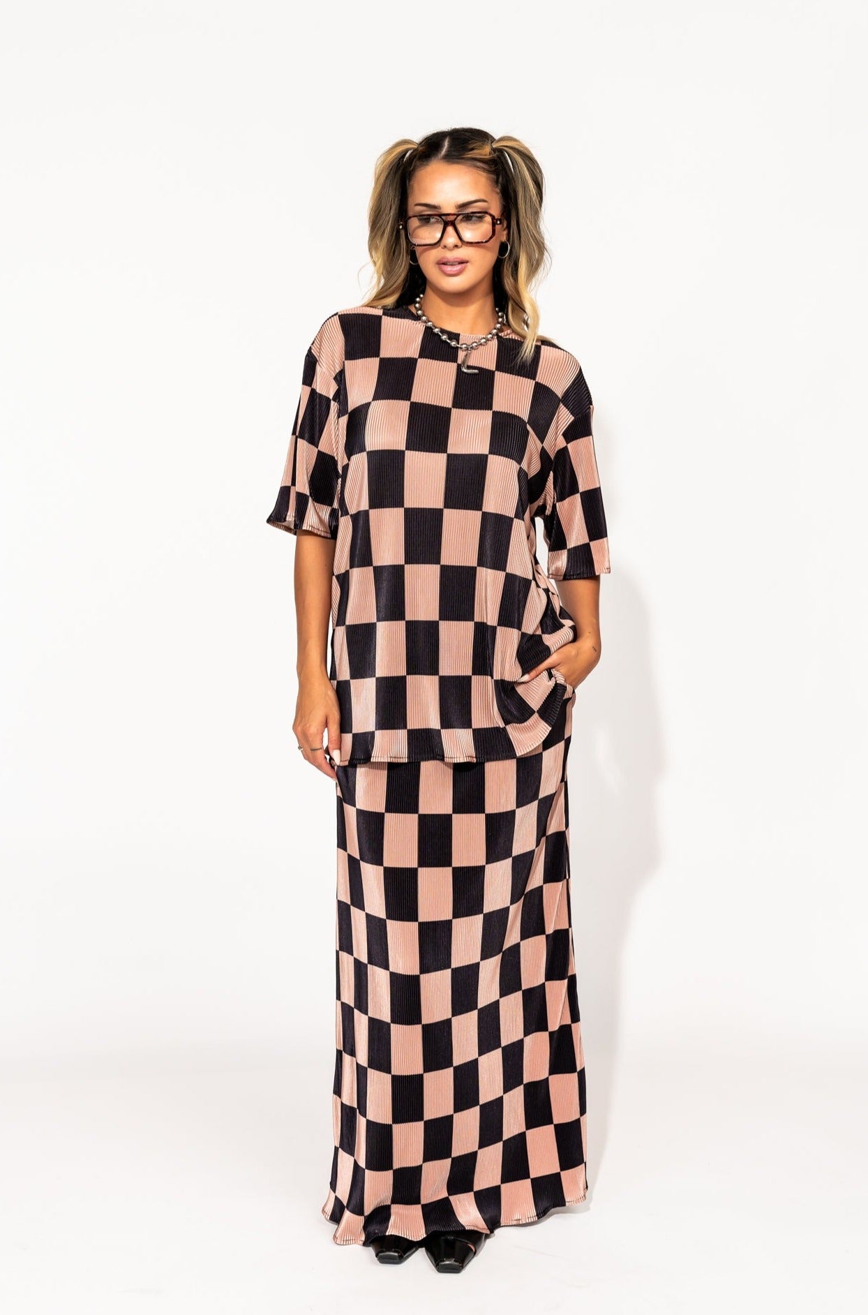LALA ORIGINAL: Grunge Girl Plisse Set in Black + Chai Checkerboard - Dressed in Lala