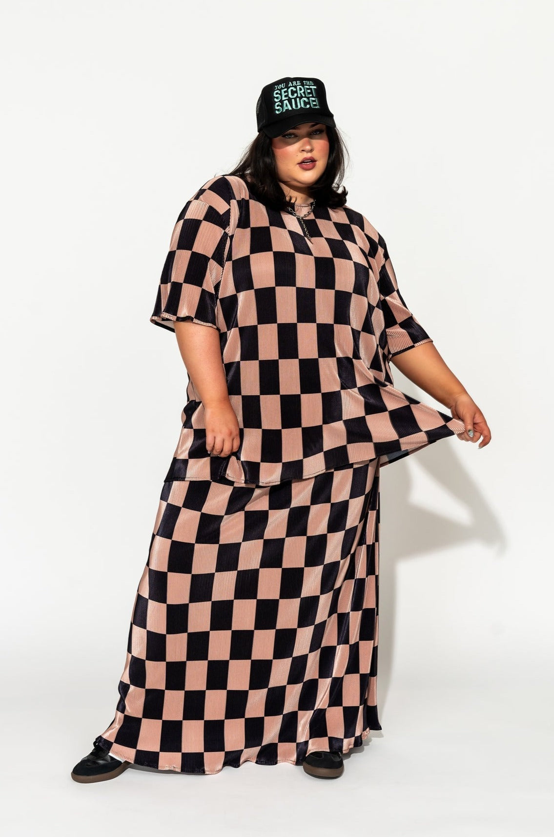 LALA ORIGINAL: Grunge Girl Plisse Set in Black + Chai Checkerboard - Dressed in Lala
