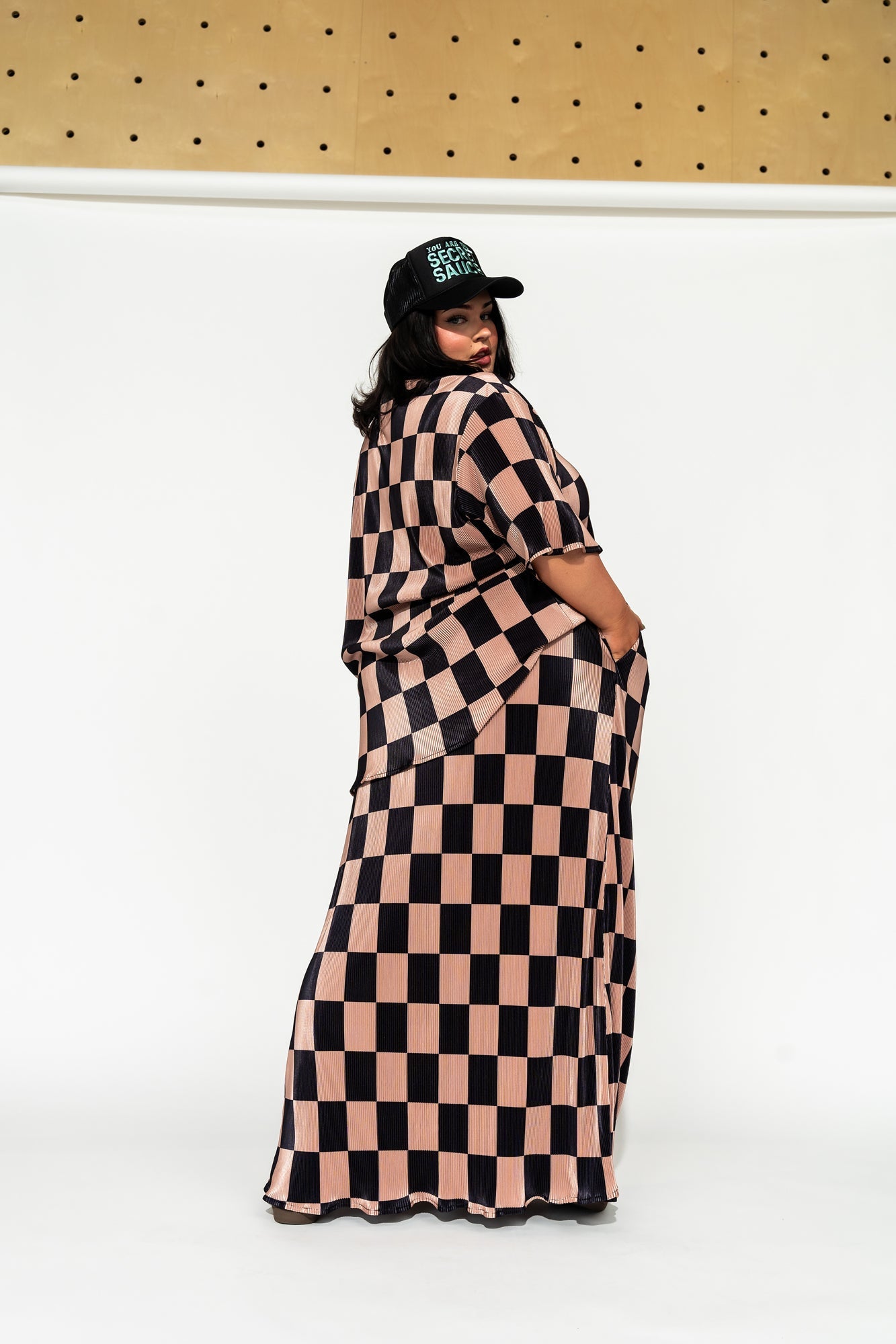 LALA ORIGINAL: Grunge Girl Plisse Set in Black + Chai Checkerboard - Dressed in Lala