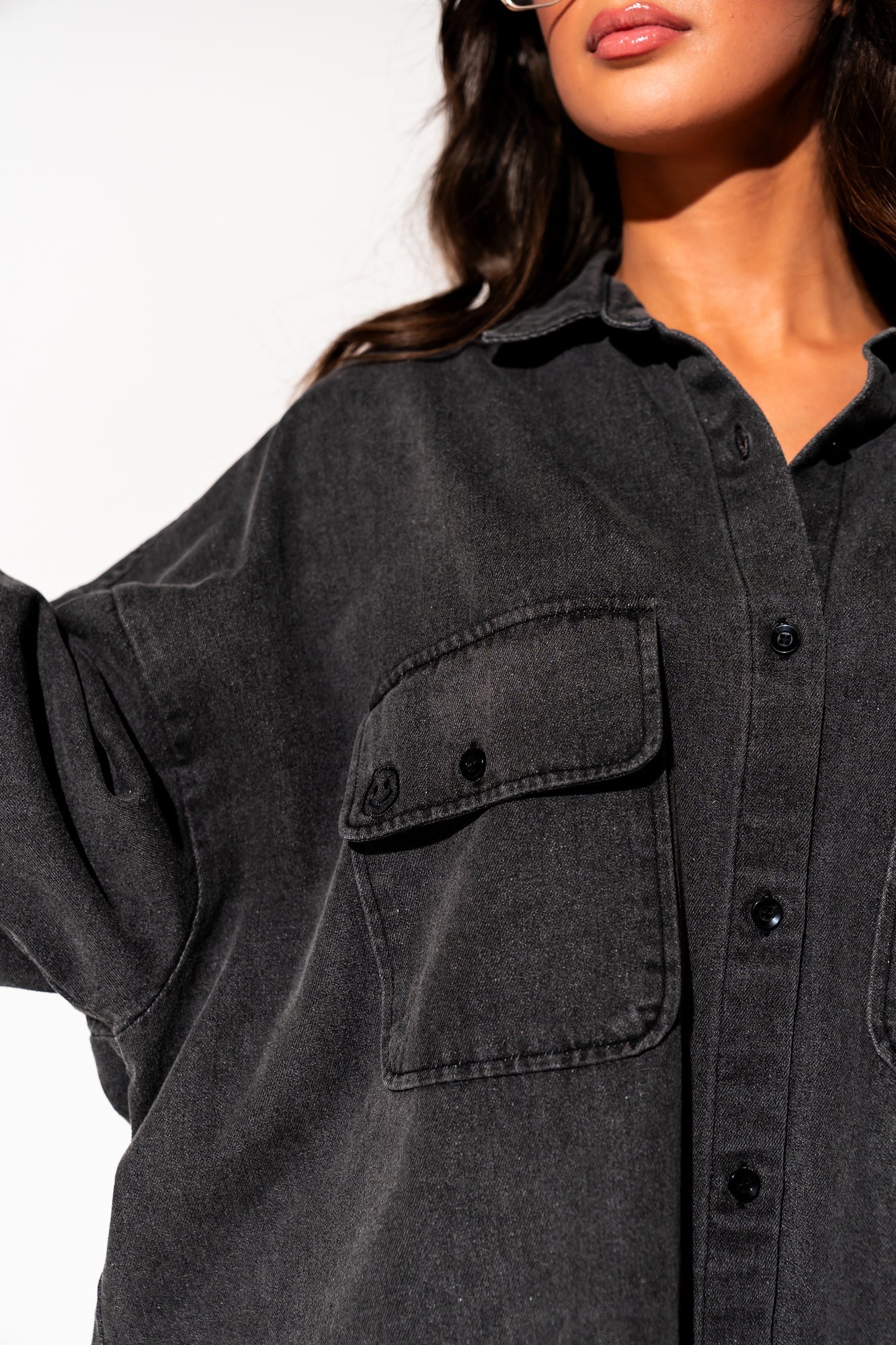 LALA ORIGINAL: Let Them Talk Oversized Denim Button Up in Vintage Black - Dressed in Lala