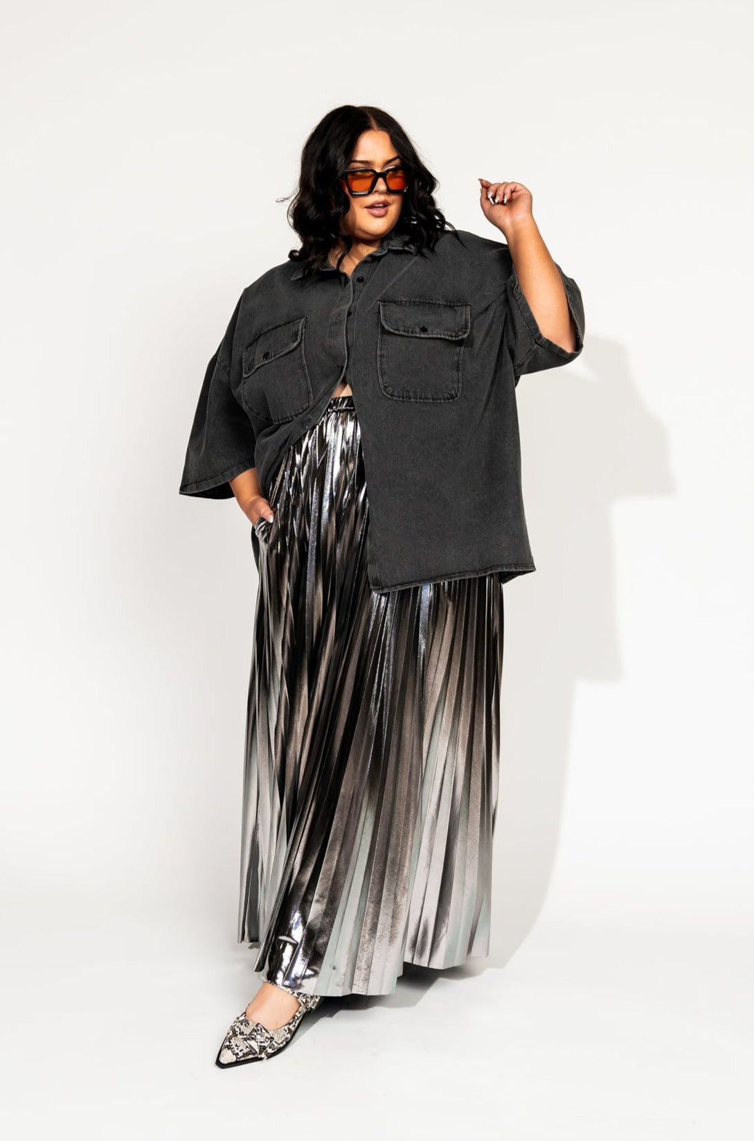 LALA ORIGINAL: Let Them Talk Oversized Denim Button Up in Vintage Black - Dressed in Lala