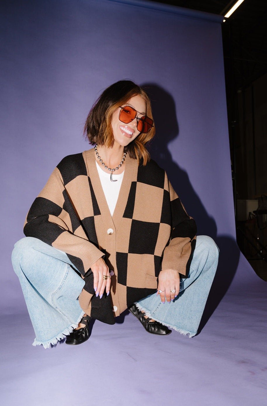 LALA ORIGINAL: Love You Oversized Checkerboard Cardigan in Black + Latte - Dressed in Lala