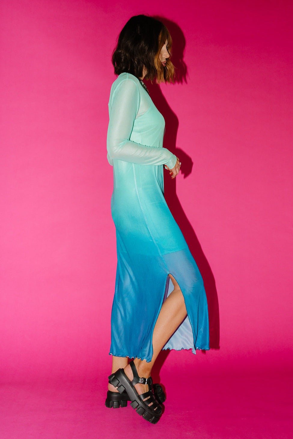 LALA ORIGINAL: Mad About You Long Sleeve Mesh Dress in Mermaid Ombre - Dressed in Lala