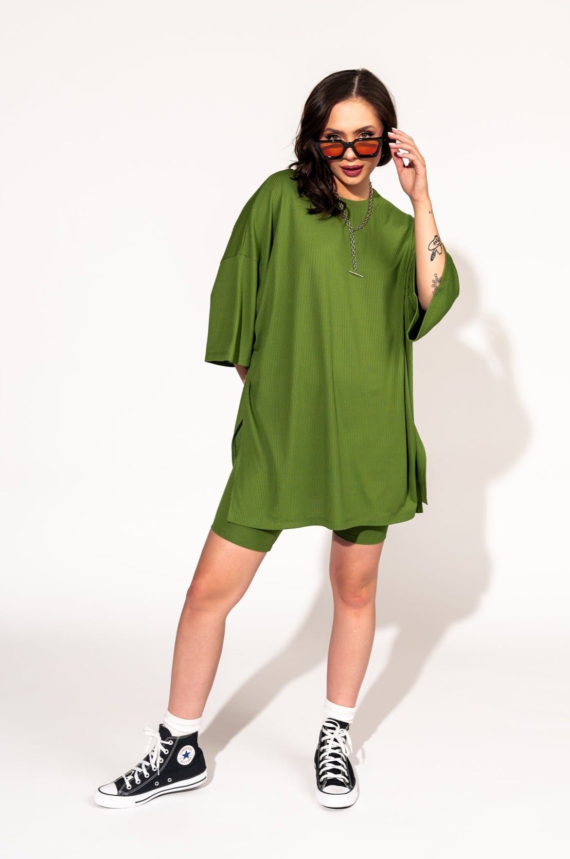 LALA ORIGINAL: Malone Ribbed Biker Set in Avocado Green - Dressed in Lala