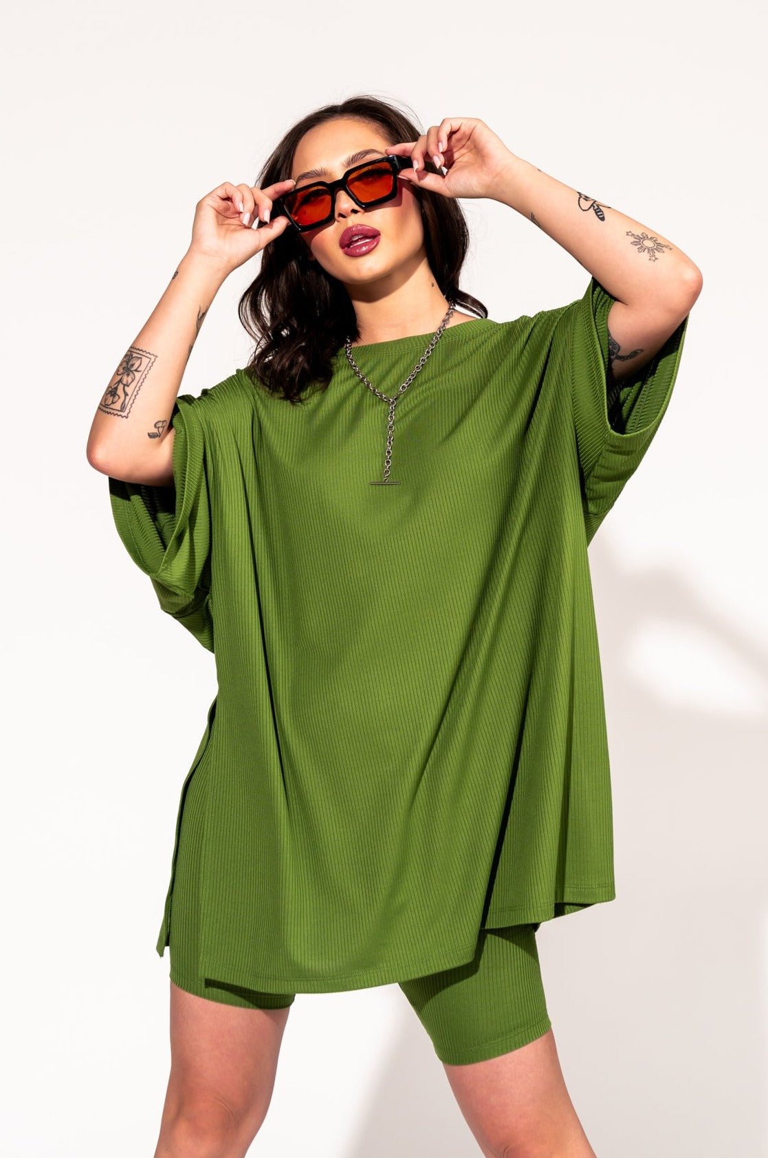 LALA ORIGINAL: Malone Ribbed Biker Set in Avocado Green - Dressed in Lala