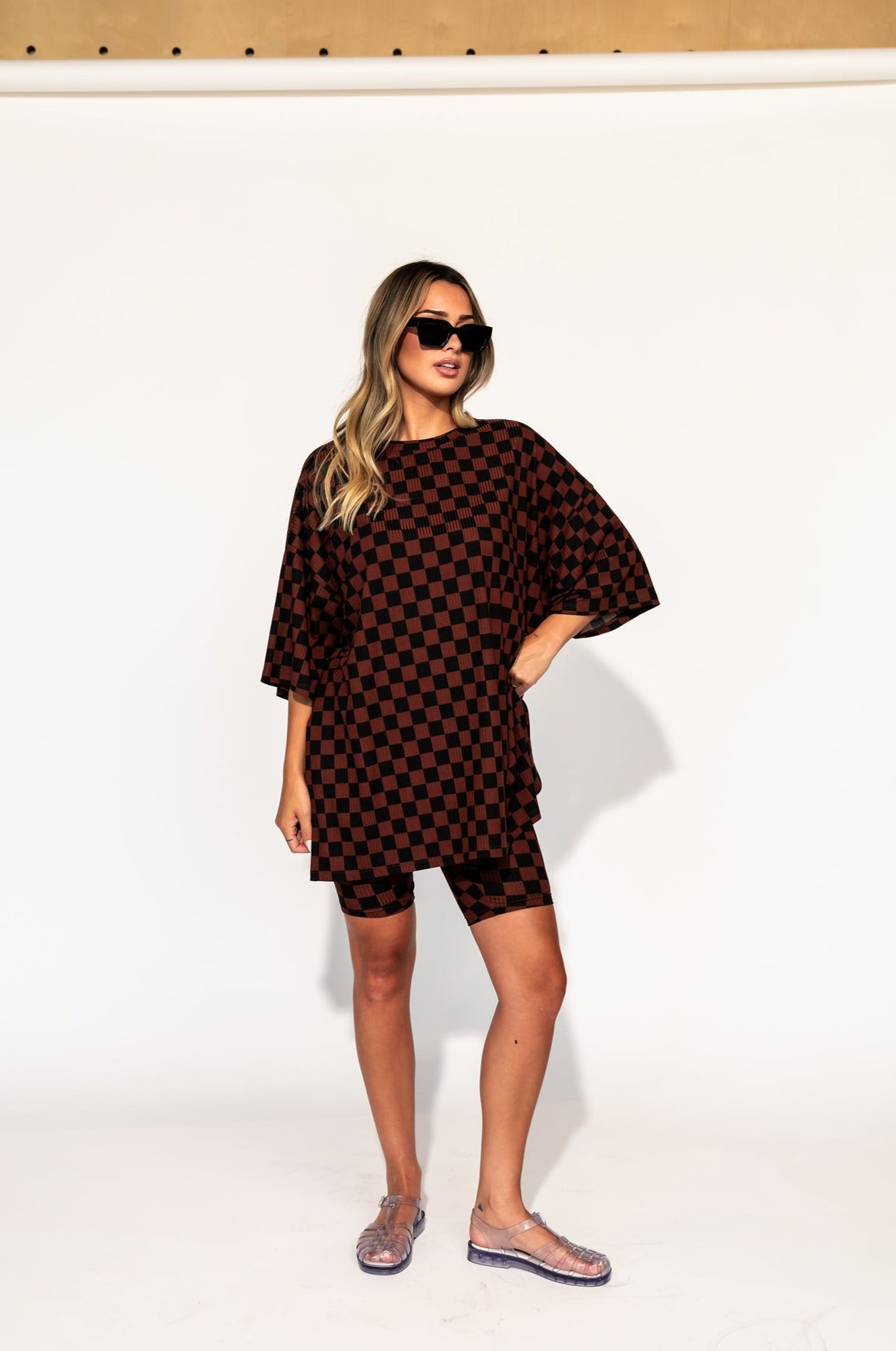 LALA ORIGINAL: Malone Ribbed Biker Set in Black + Mocha Checkerboard - Dressed in Lala
