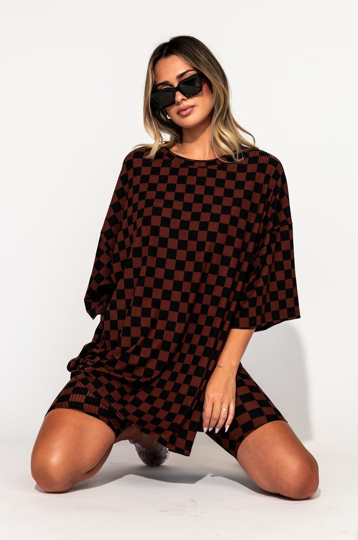 LALA ORIGINAL: Malone Ribbed Biker Set in Black + Mocha Checkerboard - Dressed in Lala