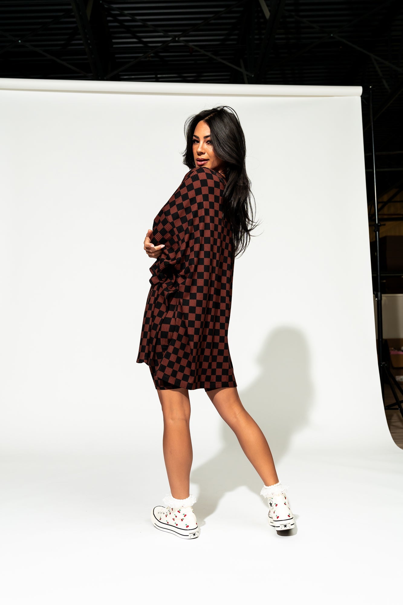LALA ORIGINAL: Malone Ribbed Biker Set in Black + Mocha Checkerboard - Dressed in Lala