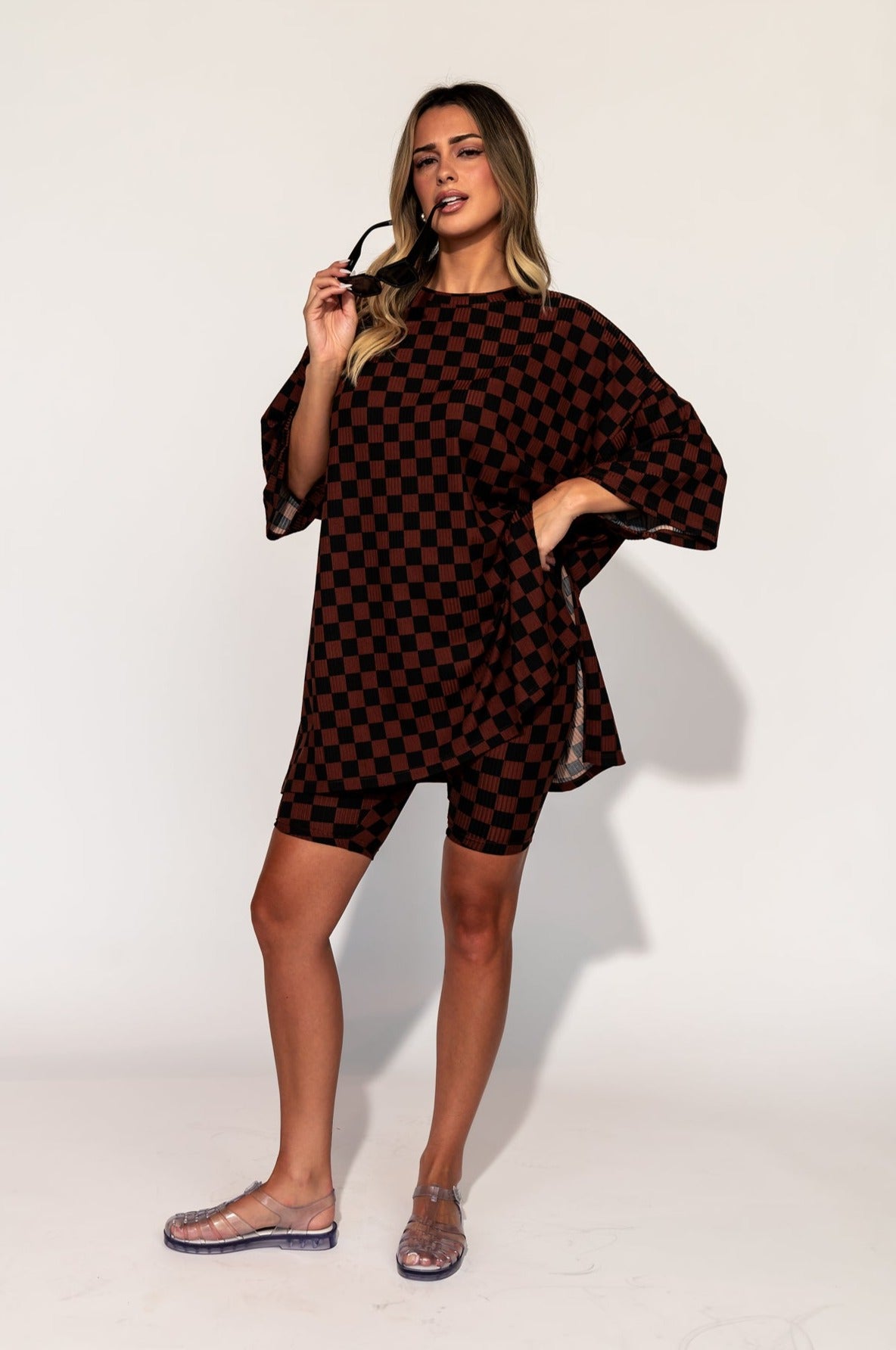 LALA ORIGINAL: Malone Ribbed Biker Set in Black + Mocha Checkerboard - Dressed in Lala