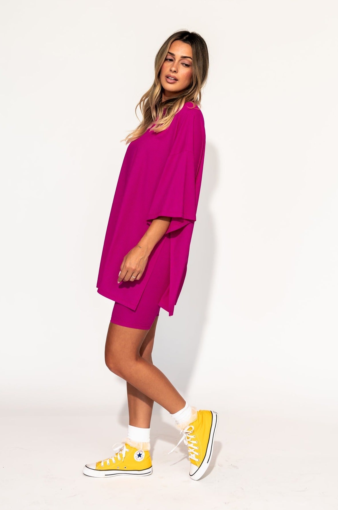 LALA ORIGINAL: Malone Ribbed Biker Set in Hottie Pink - Dressed in Lala