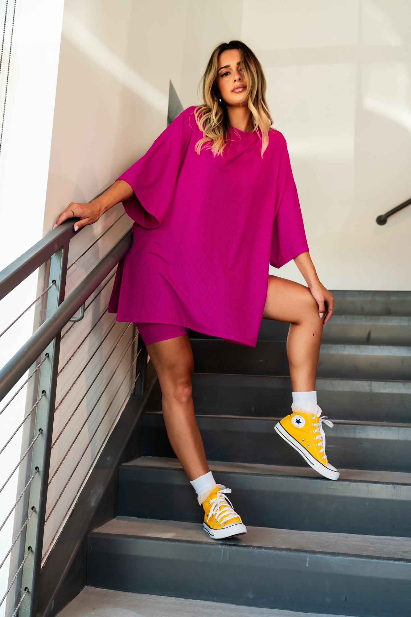 LALA ORIGINAL: Malone Ribbed Biker Set in Hottie Pink - Dressed in Lala