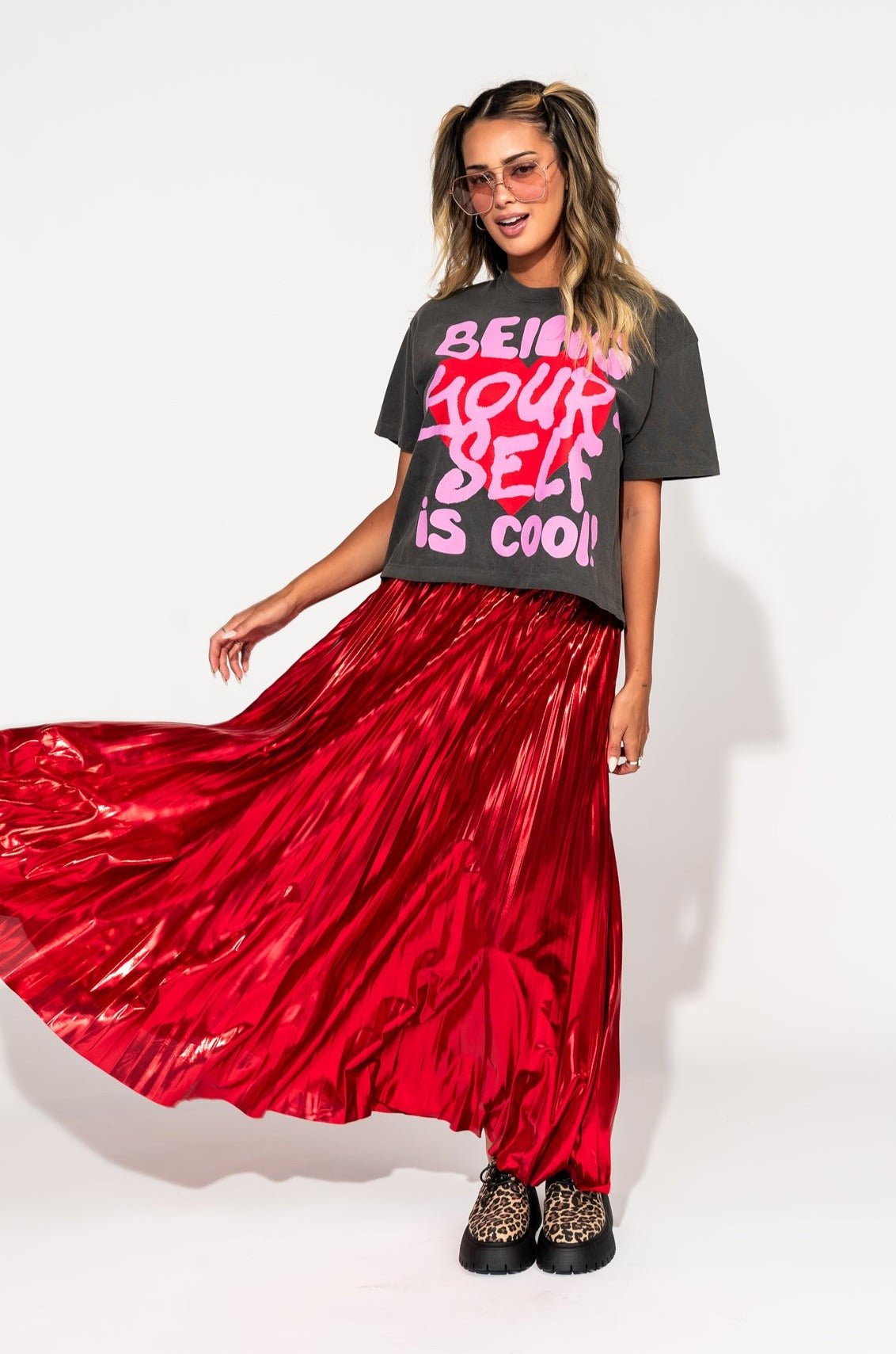 LALA ORIGINAL: Metallic Pleated Midi Skirt in Red Hot - Dressed in Lala