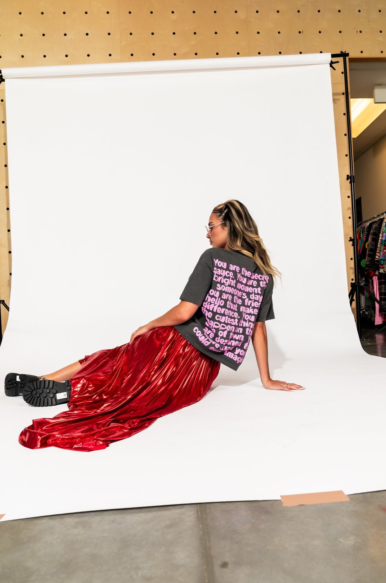 LALA ORIGINAL: Metallic Pleated Midi Skirt in Red Hot - Dressed in Lala