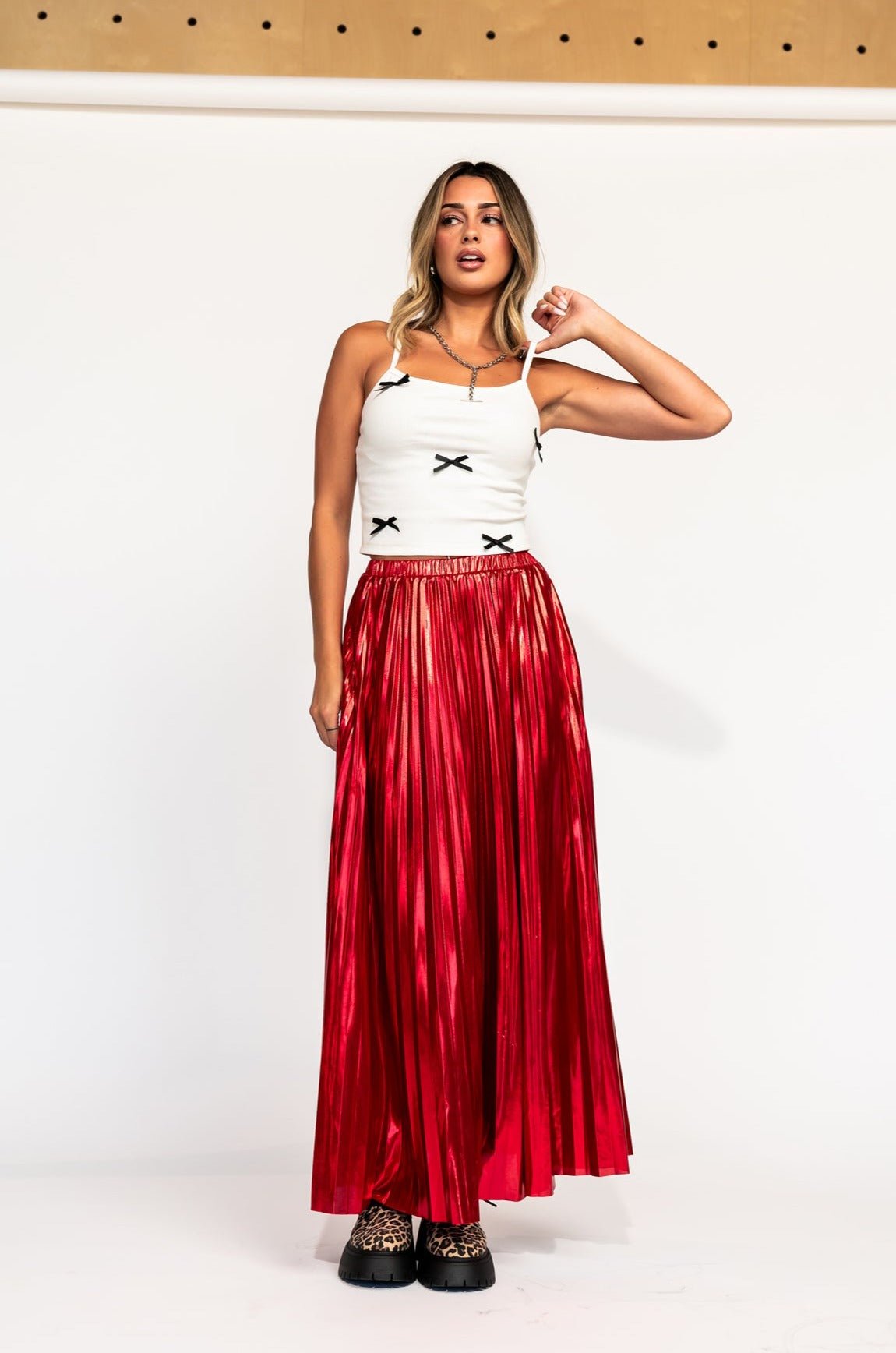 LALA ORIGINAL: Metallic Pleated Midi Skirt in Red Hot - Dressed in Lala