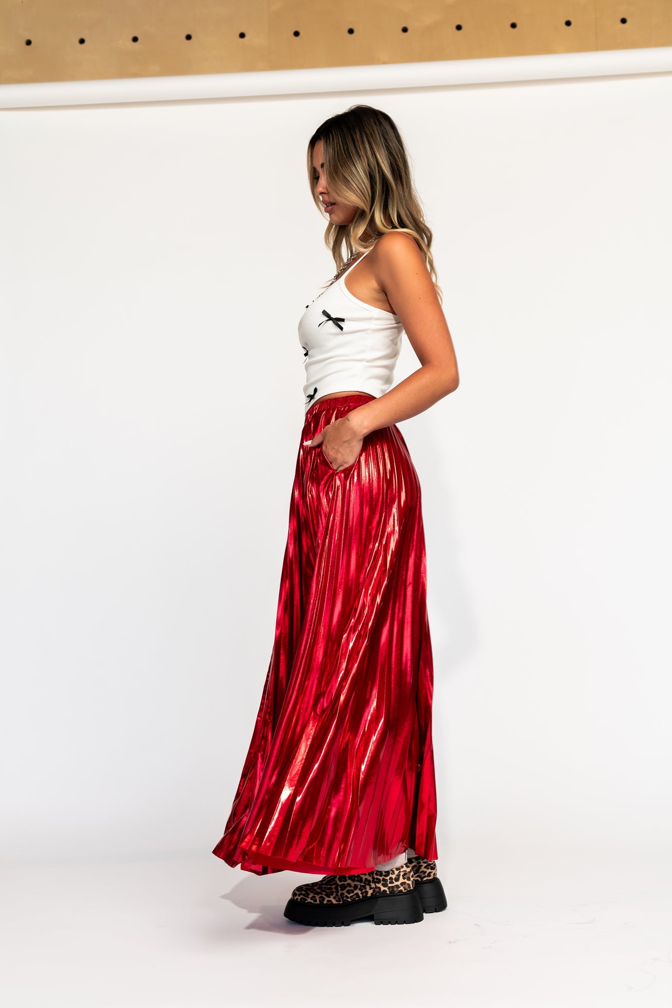 LALA ORIGINAL: Metallic Pleated Midi Skirt in Red Hot - Dressed in Lala