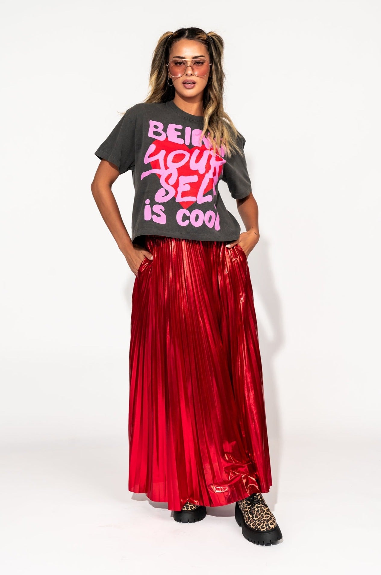 LALA ORIGINAL: Metallic Pleated Midi Skirt in Red Hot - Dressed in Lala