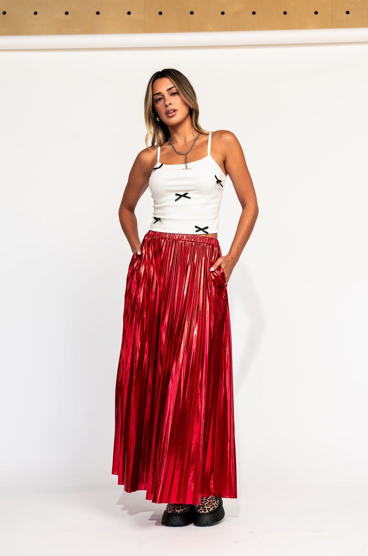LALA ORIGINAL: Metallic Pleated Midi Skirt in Red Hot - Dressed in Lala
