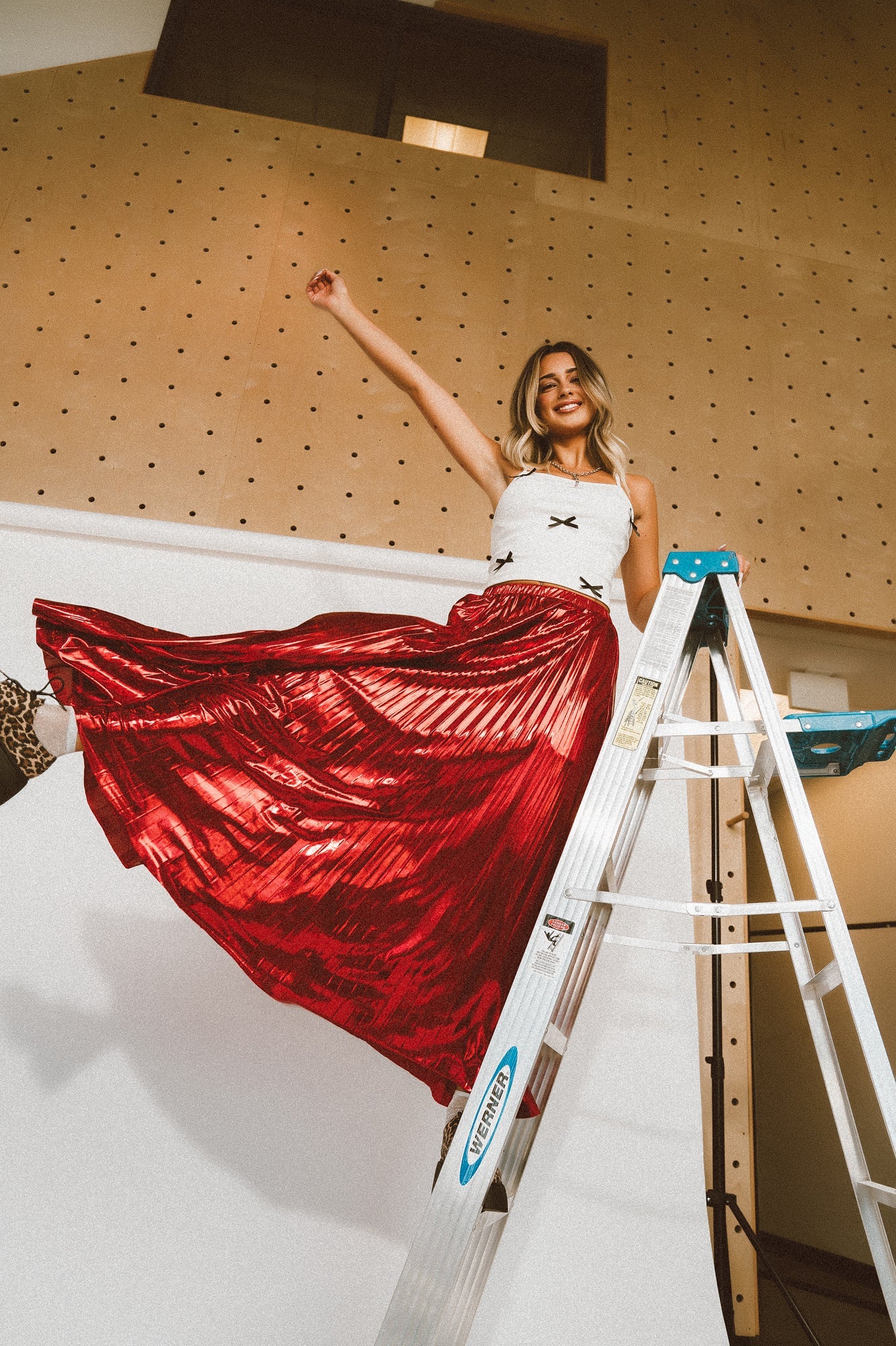 LALA ORIGINAL: Metallic Pleated Midi Skirt in Red Hot - Dressed in Lala