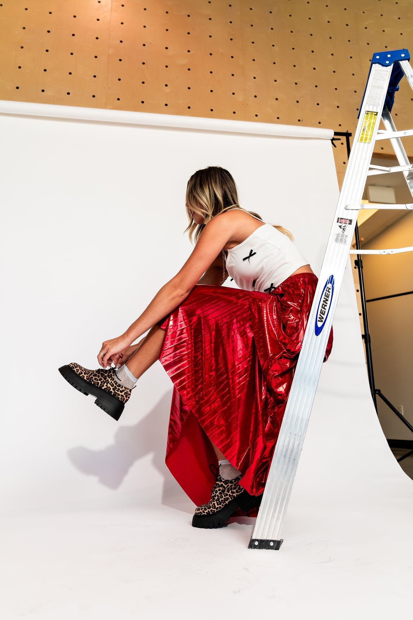 LALA ORIGINAL: Metallic Pleated Midi Skirt in Red Hot - Dressed in Lala