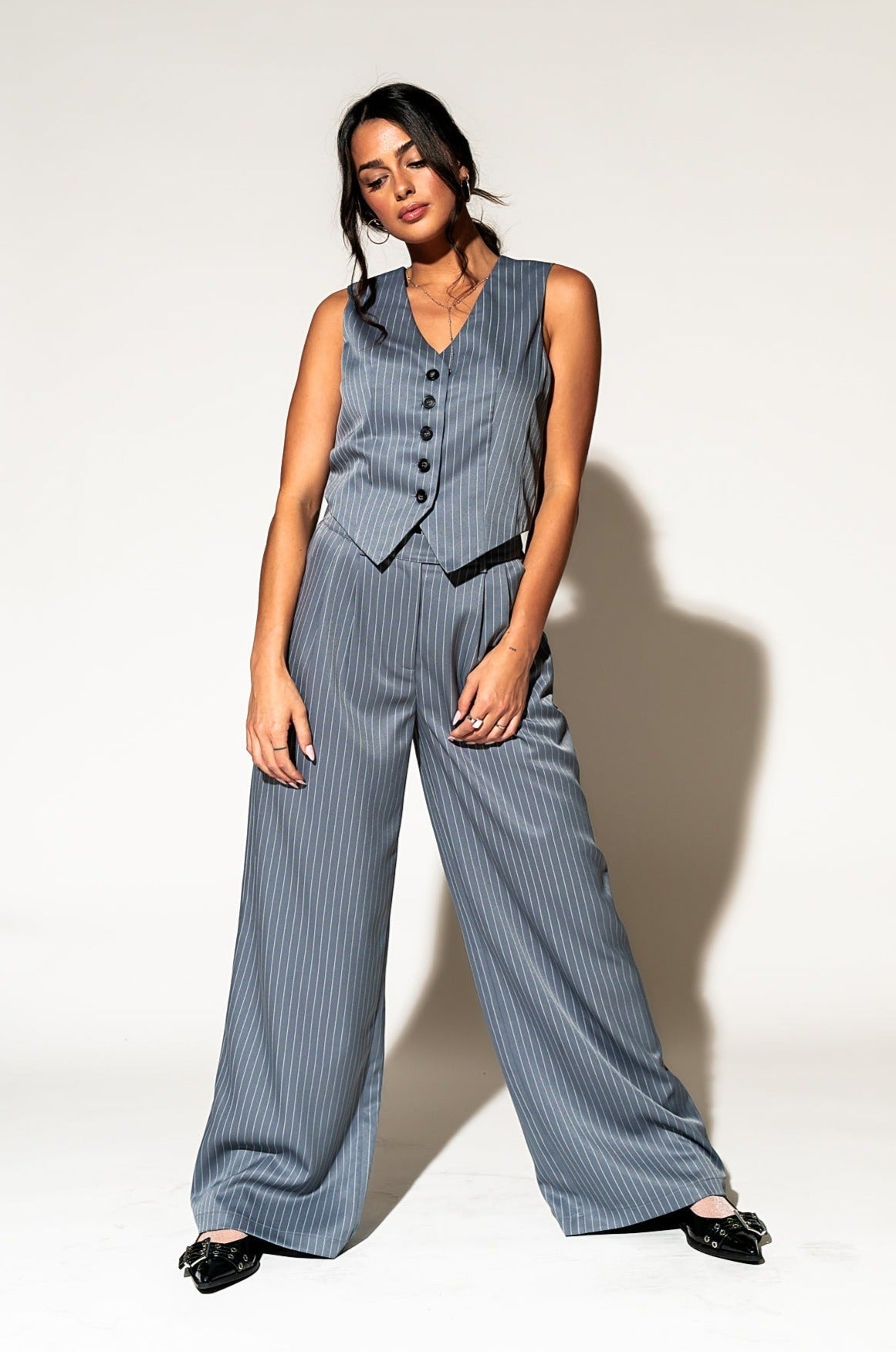 LALA ORIGINAL: Muse Waistcoat Vest in Pinstripe - Dressed in Lala