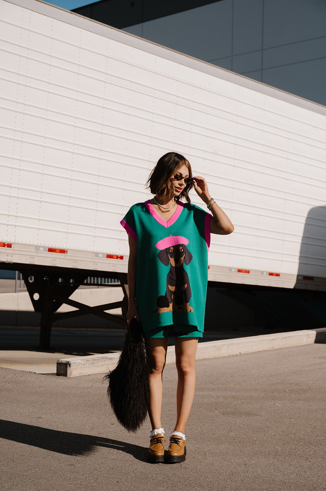 LALA ORIGINAL: Oversized Sweater Vest in Walter the Wiener Dog - Dressed in Lala