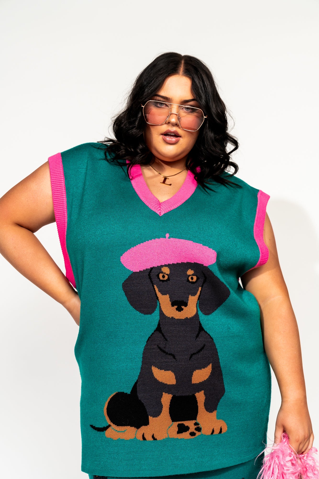 LALA ORIGINAL: Oversized Sweater Vest in Walter the Wiener Dog - Dressed in Lala
