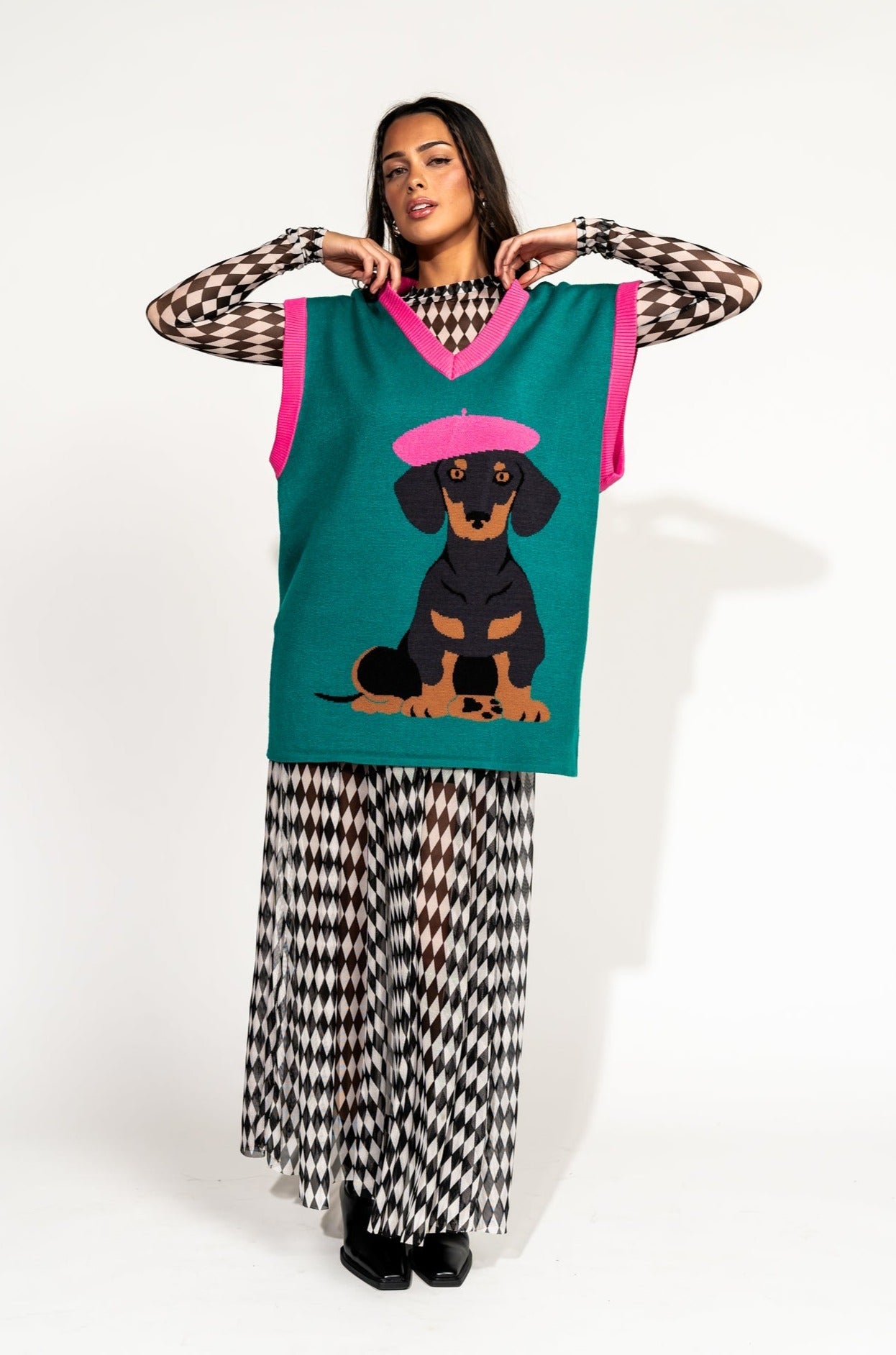 LALA ORIGINAL: Oversized Sweater Vest in Walter the Wiener Dog - Dressed in Lala