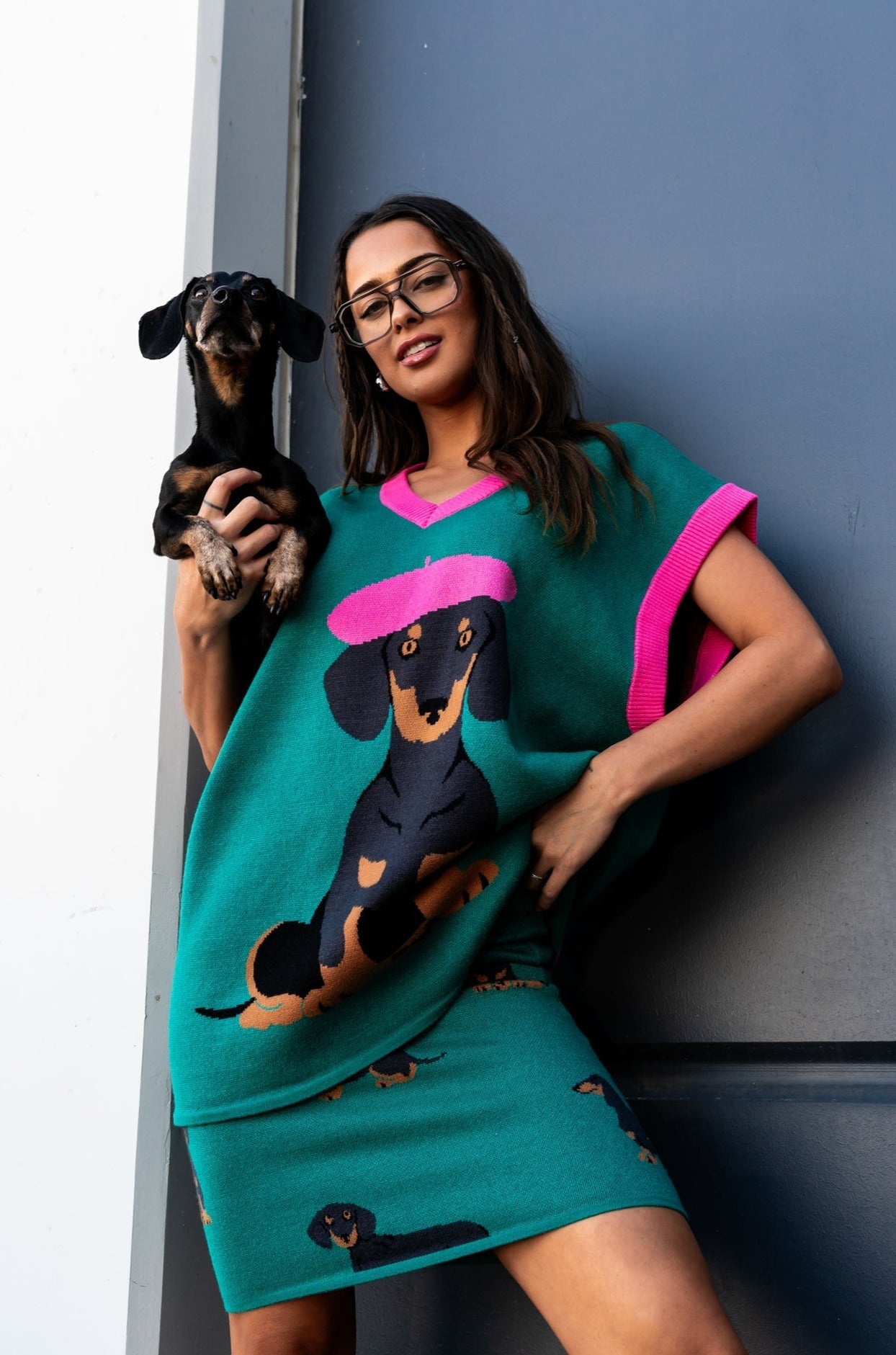 LALA ORIGINAL: Oversized Sweater Vest in Walter the Wiener Dog - Dressed in Lala
