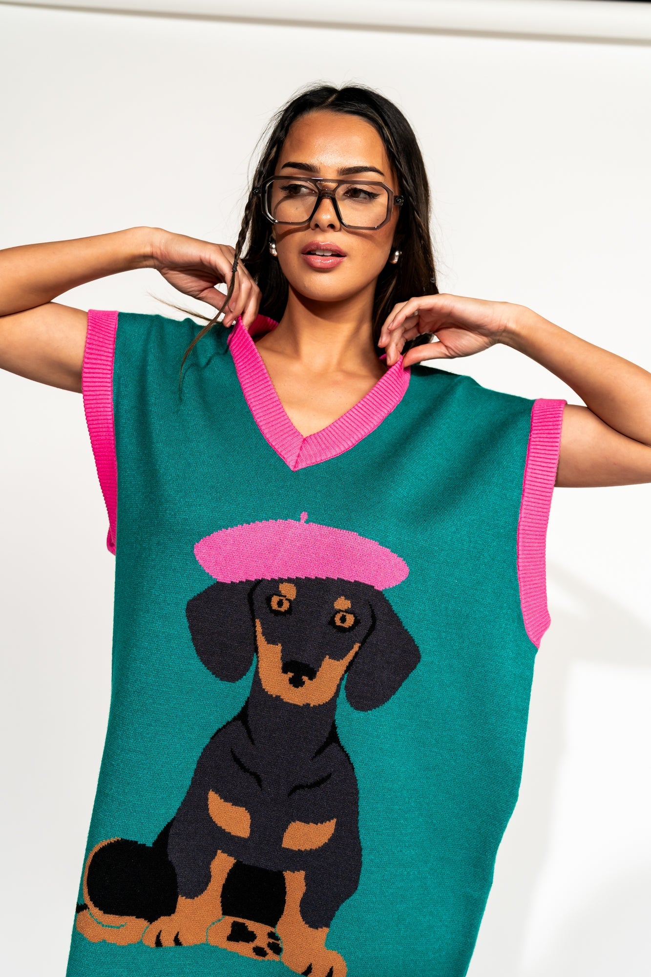 LALA ORIGINAL: Oversized Sweater Vest in Walter the Wiener Dog - Dressed in Lala