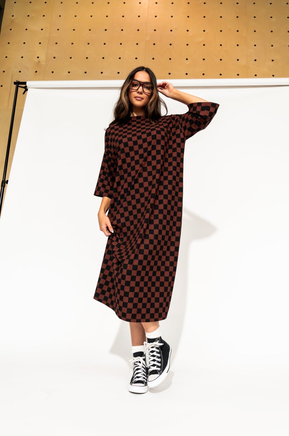 LALA ORIGINAL: Ozzy Dress in Black + Mocha Checkerboard - Dressed in Lala