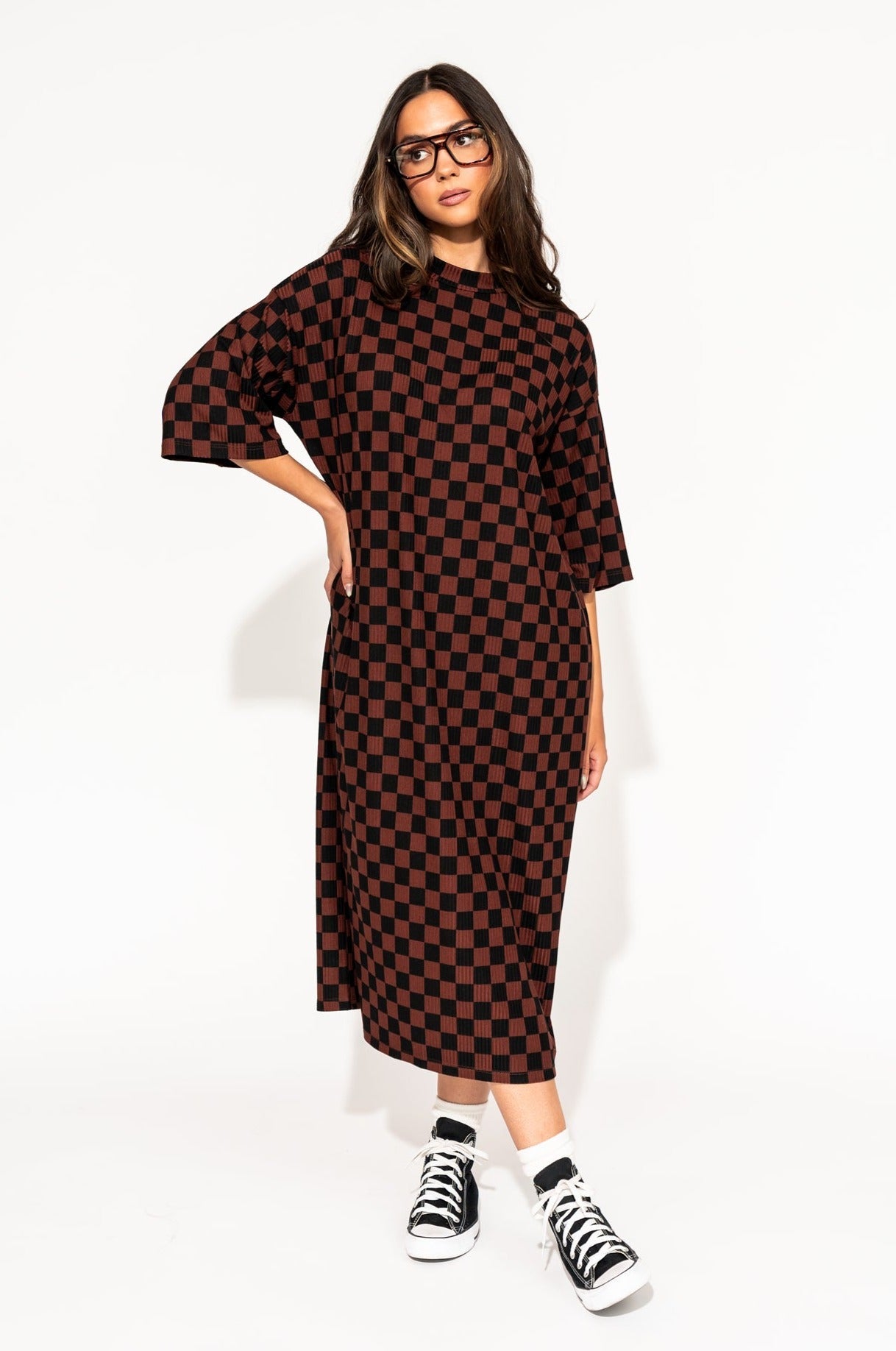 LALA ORIGINAL: Ozzy Dress in Black + Mocha Checkerboard - Dressed in Lala