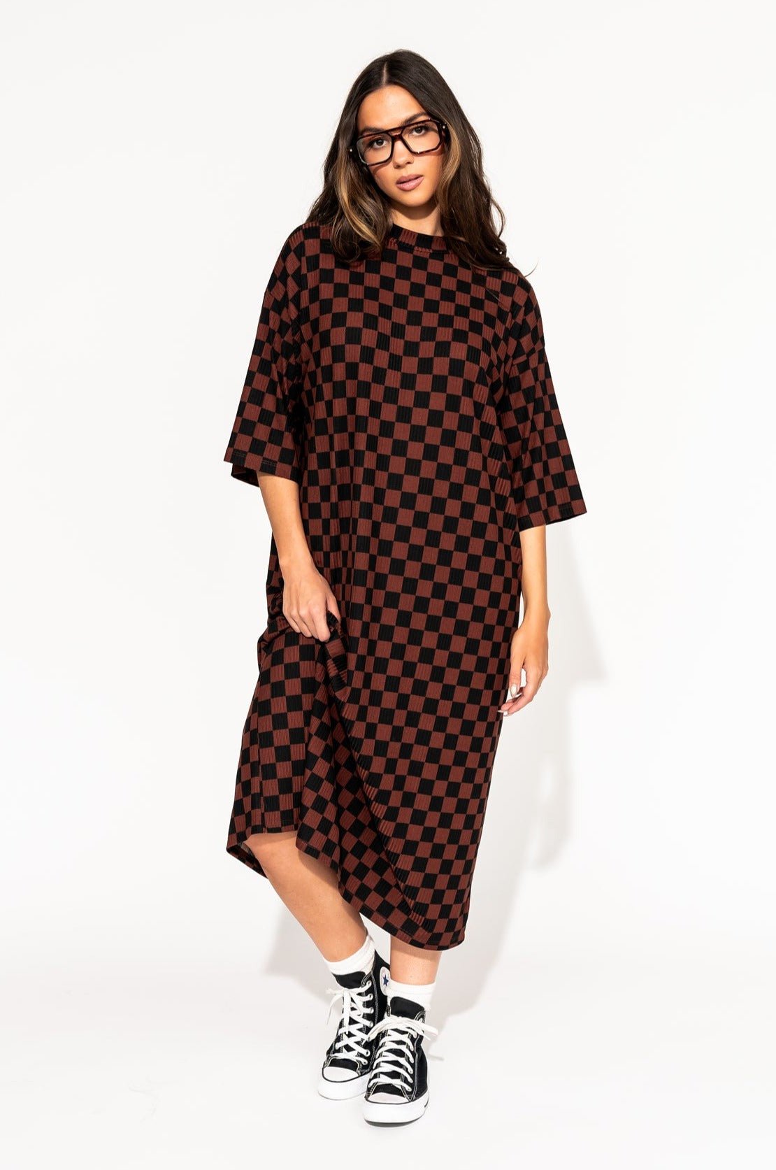 LALA ORIGINAL: Ozzy Dress in Black + Mocha Checkerboard - Dressed in Lala