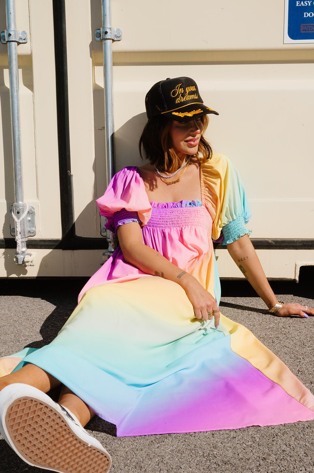Palm Springs Smocked Dress in Rainbow Daydream Dressed in Lala Palm Springs Smocked Dress in Rainbow Daydream Dressed in Lala