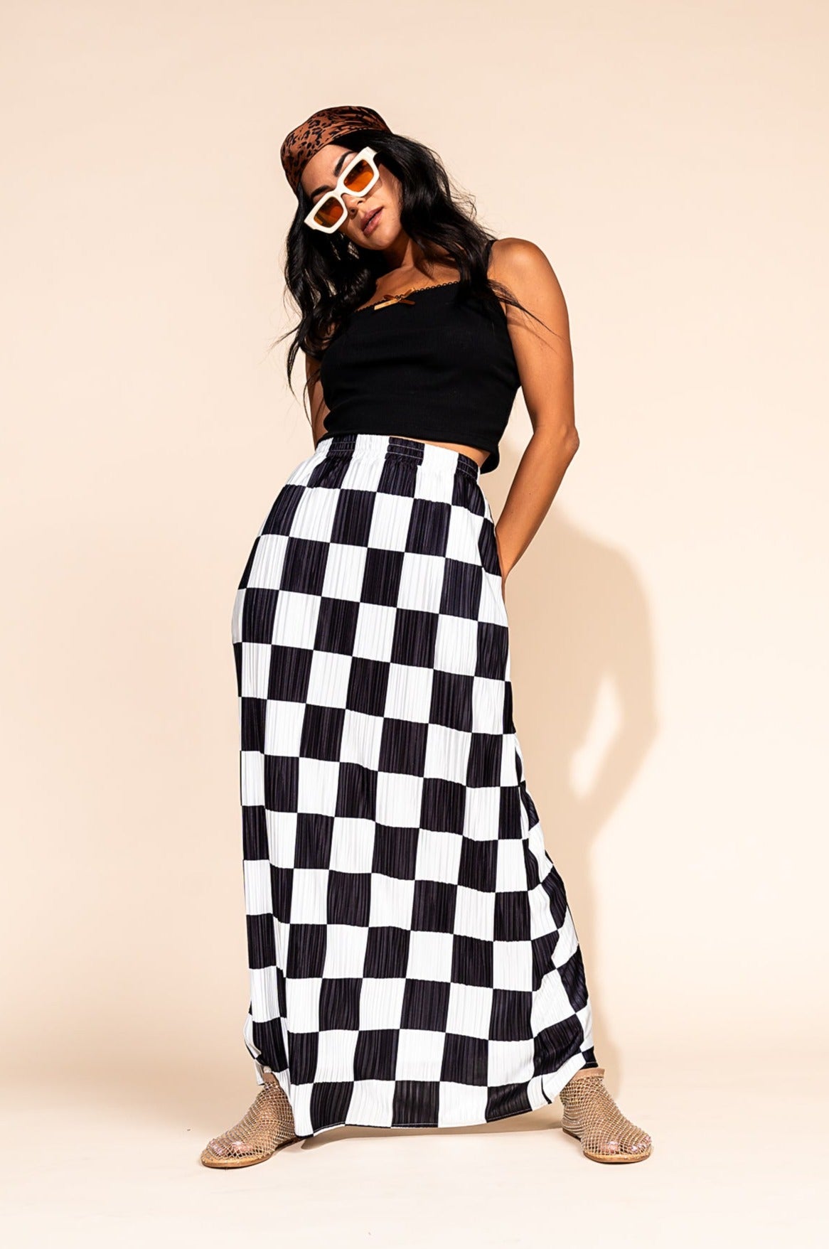 LALA ORIGINAL: Santorini Midi Plisse Skirt in Black + White Check - Dressed in Lala