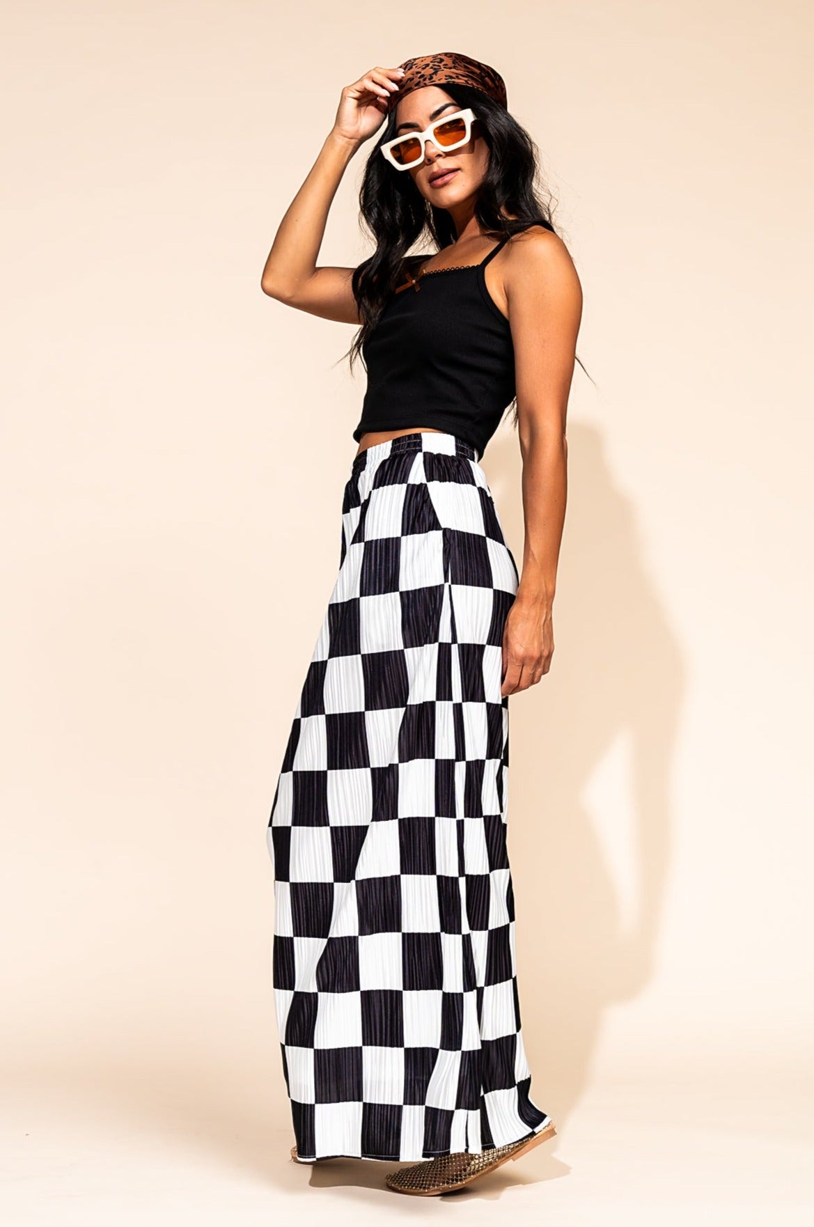 LALA ORIGINAL: Santorini Midi Plisse Skirt in Black + White Check - Dressed in Lala