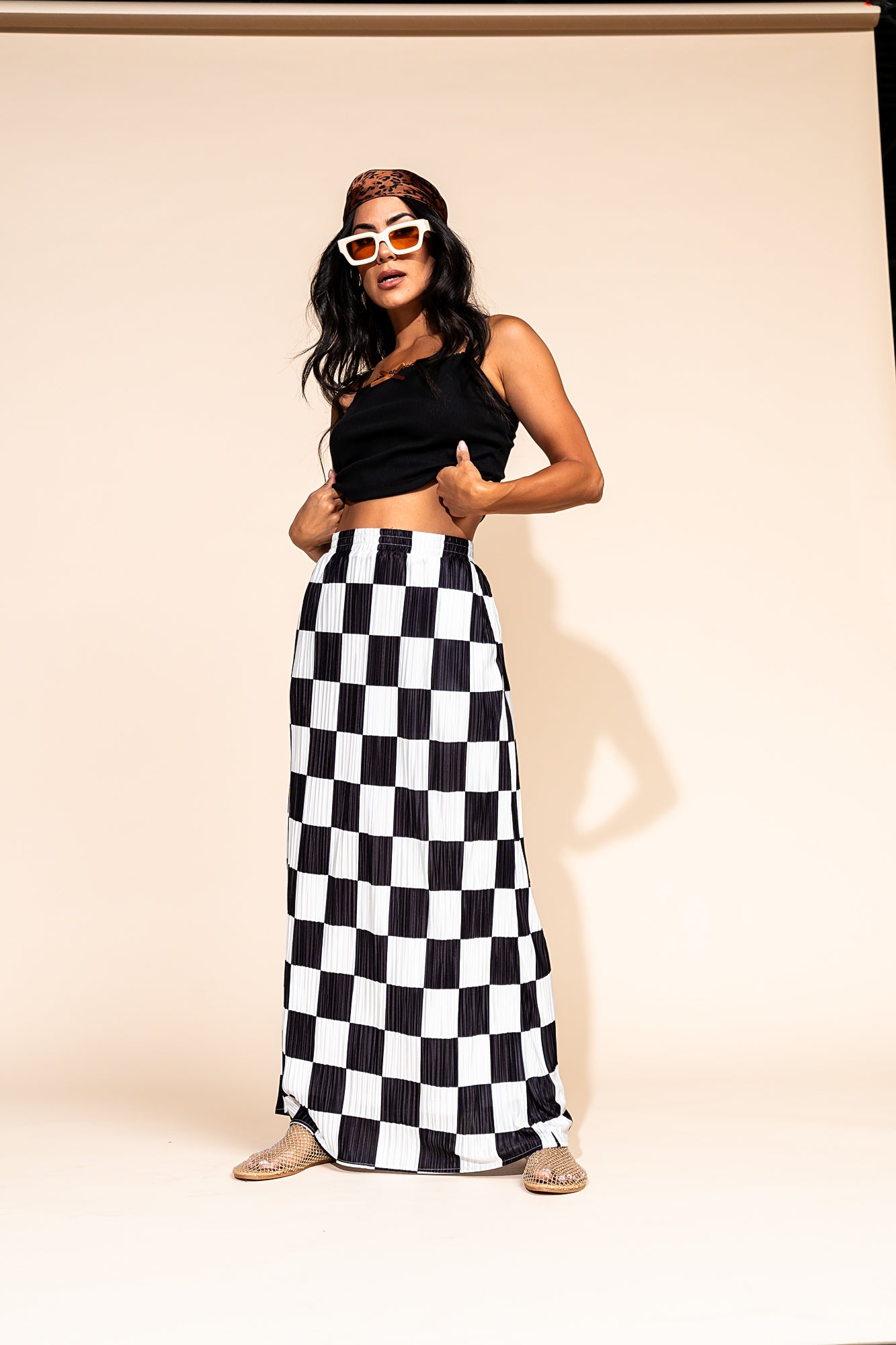 LALA ORIGINAL: Santorini Midi Plisse Skirt in Black + White Check - Dressed in Lala