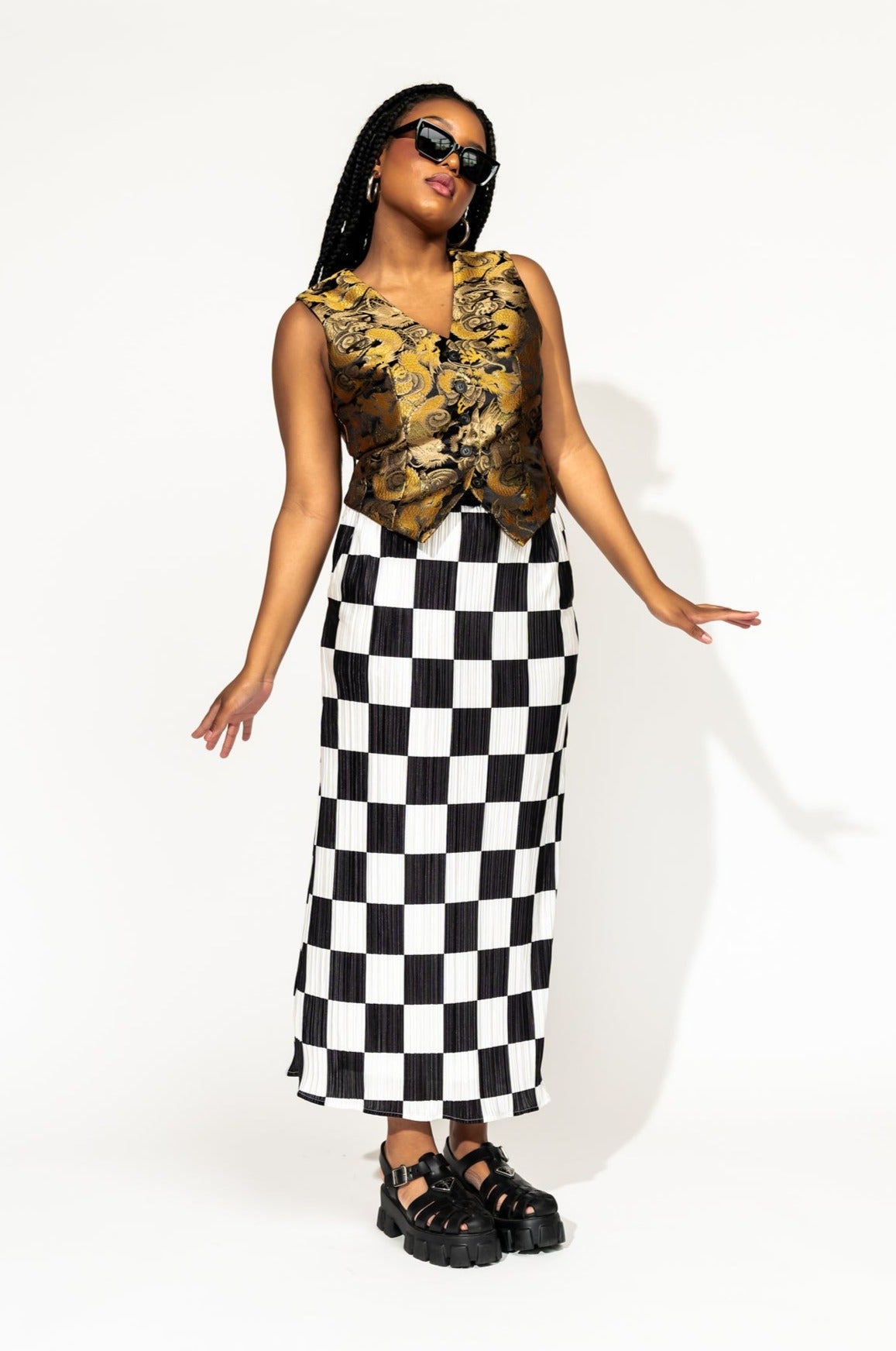 LALA ORIGINAL: Santorini Midi Plisse Skirt in Black + White Check - Dressed in Lala