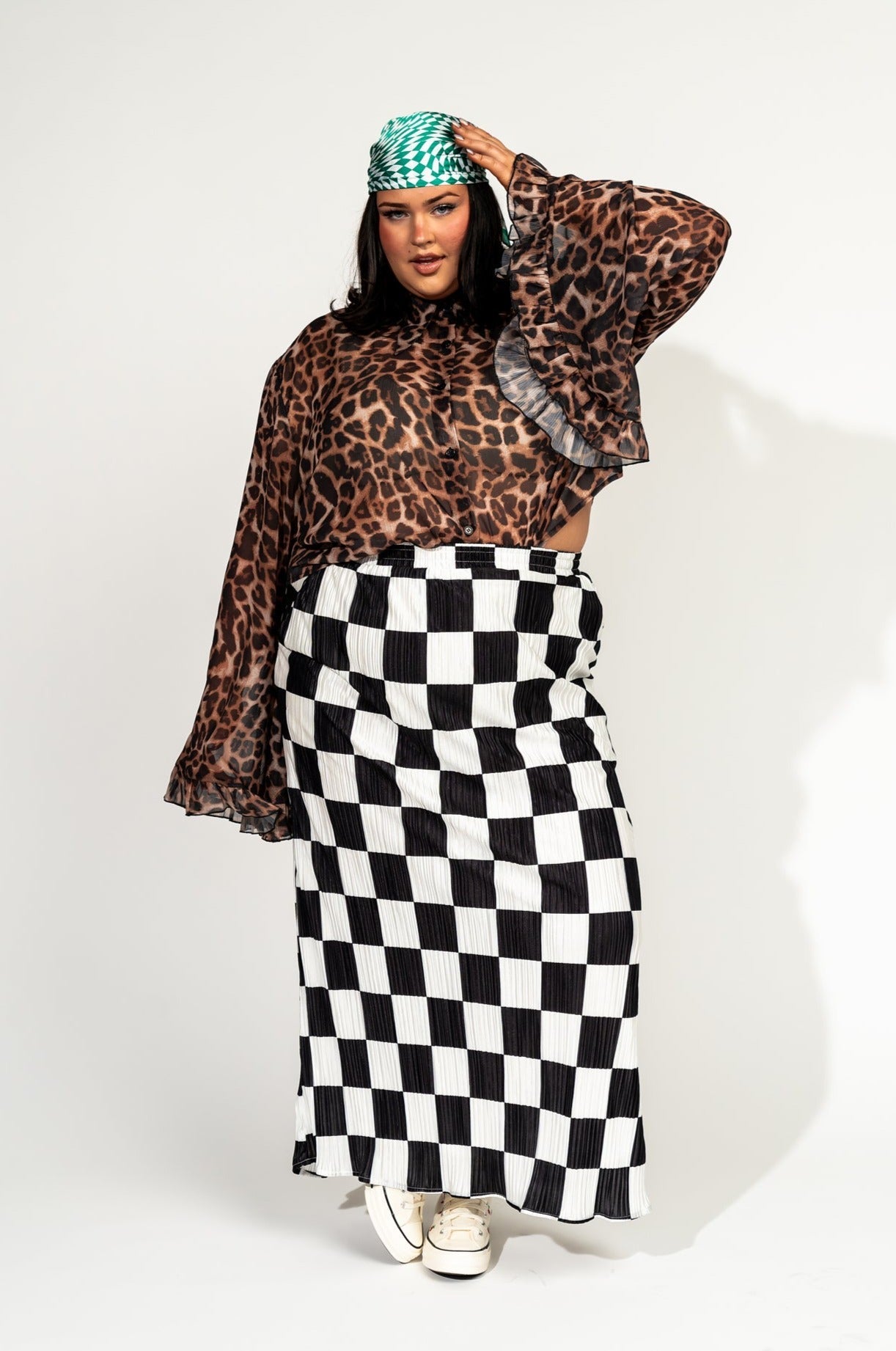 LALA ORIGINAL: Santorini Midi Plisse Skirt in Black + White Check - Dressed in Lala