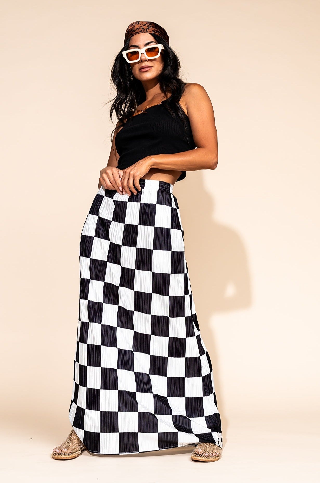 LALA ORIGINAL: Santorini Midi Plisse Skirt in Black + White Check - Dressed in Lala