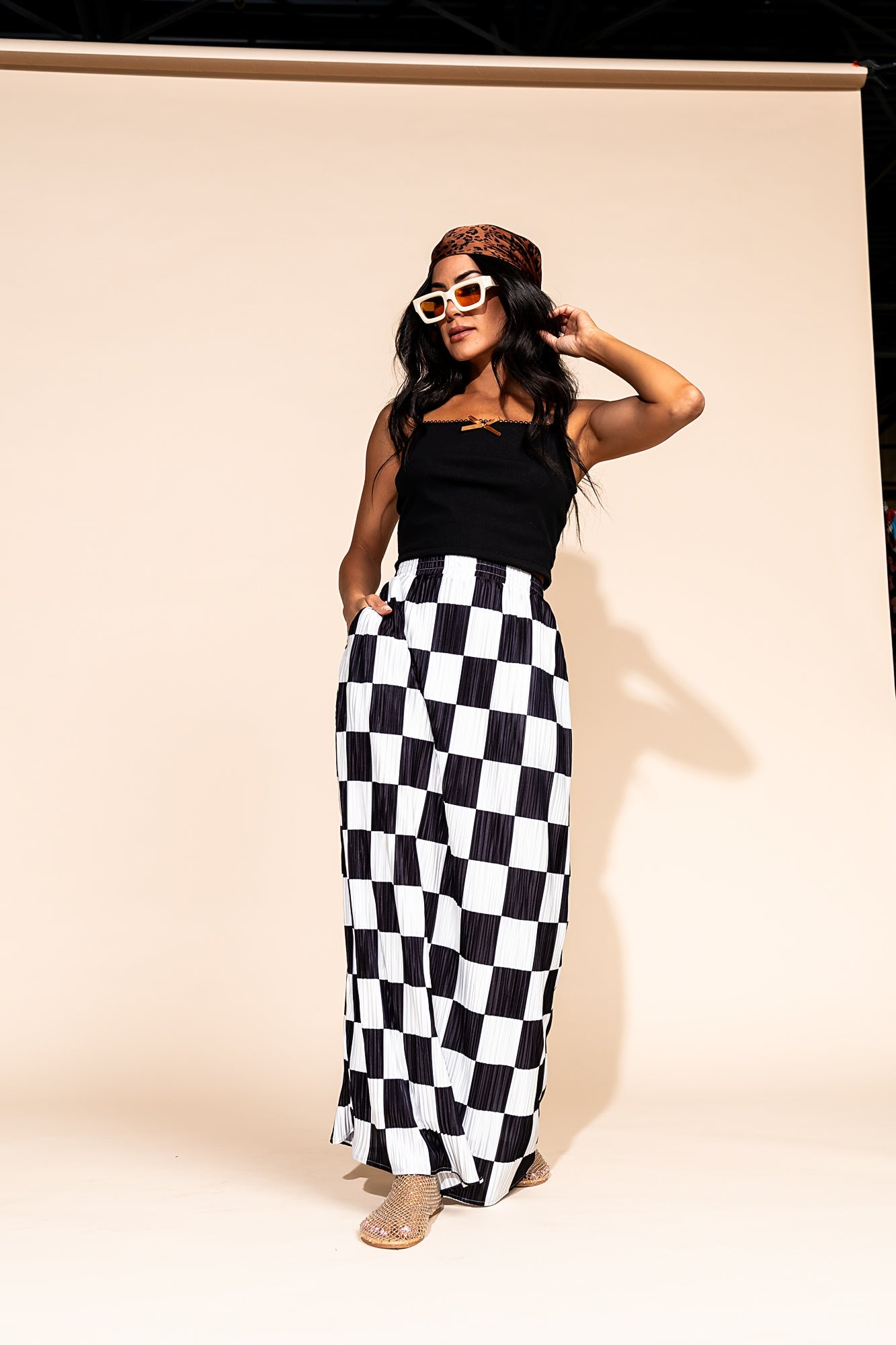 LALA ORIGINAL: Santorini Midi Plisse Skirt in Black + White Check - Dressed in Lala