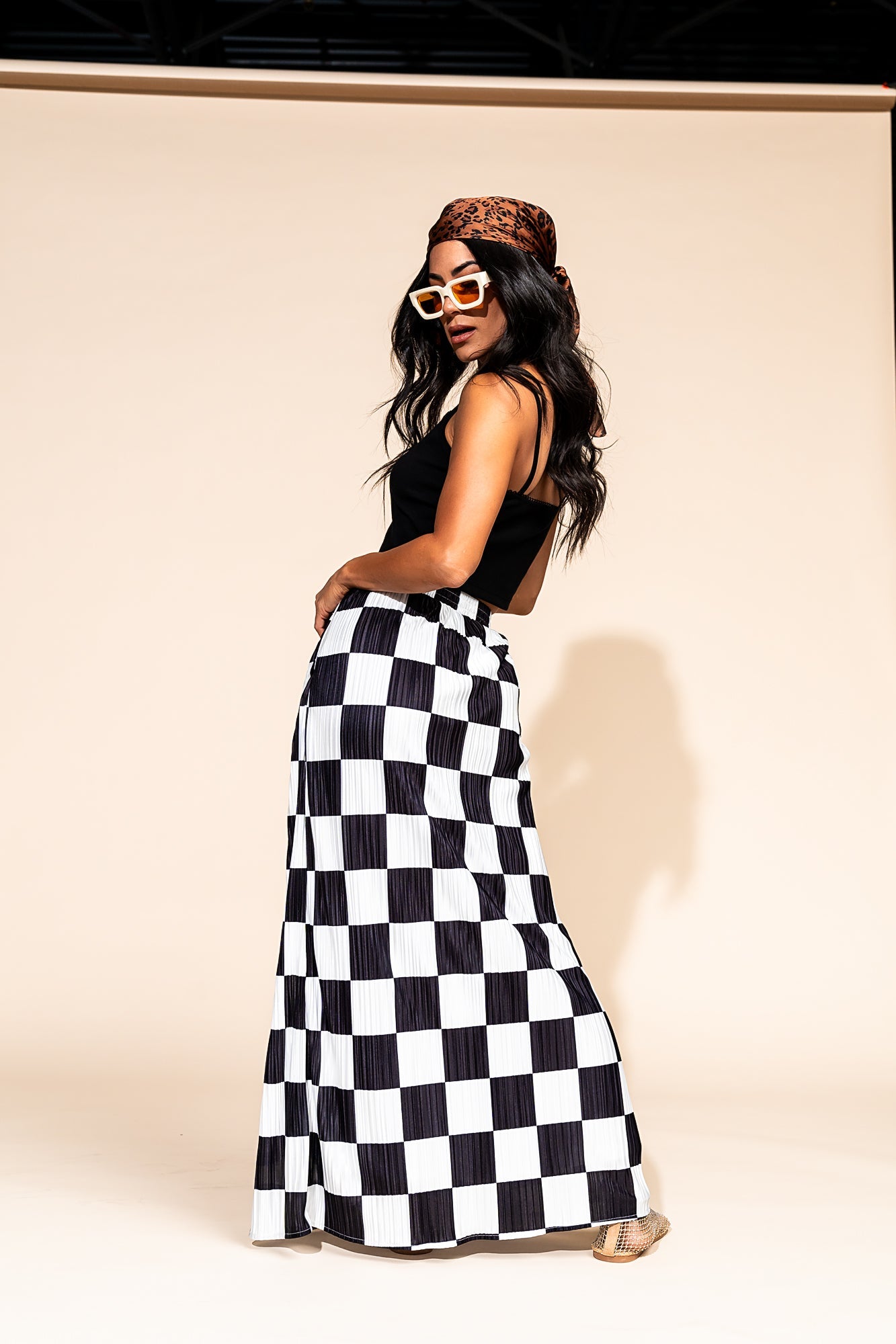 LALA ORIGINAL: Santorini Midi Plisse Skirt in Black + White Check - Dressed in Lala