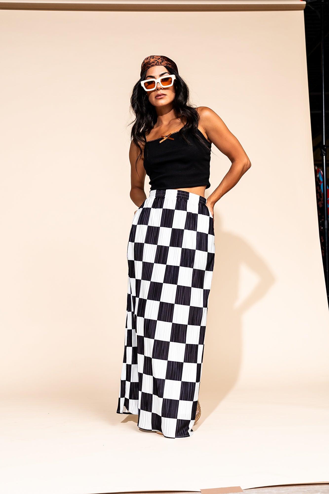 LALA ORIGINAL: Santorini Midi Plisse Skirt in Black + White Check - Dressed in Lala