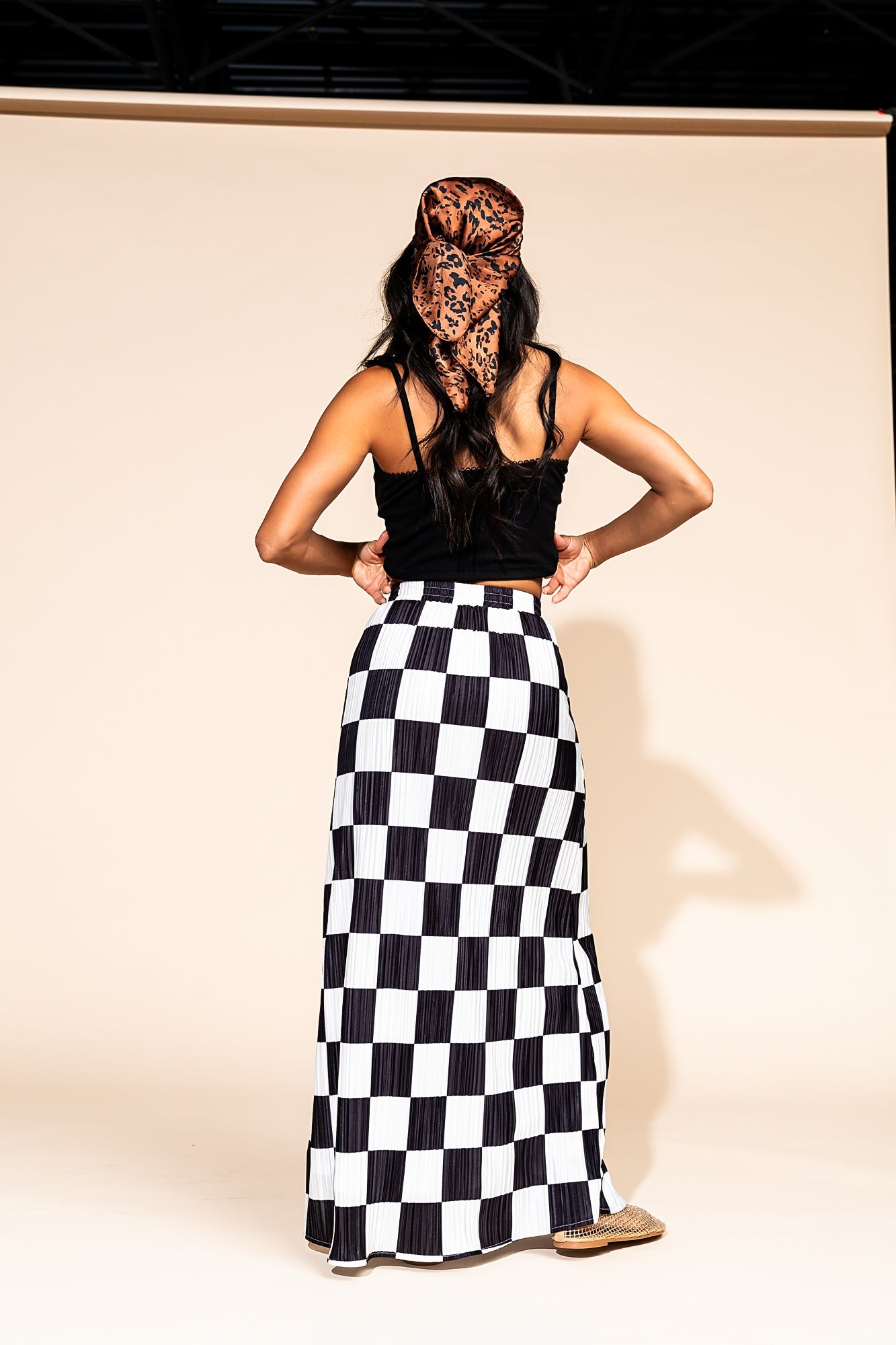 LALA ORIGINAL: Santorini Midi Plisse Skirt in Black + White Check - Dressed in Lala