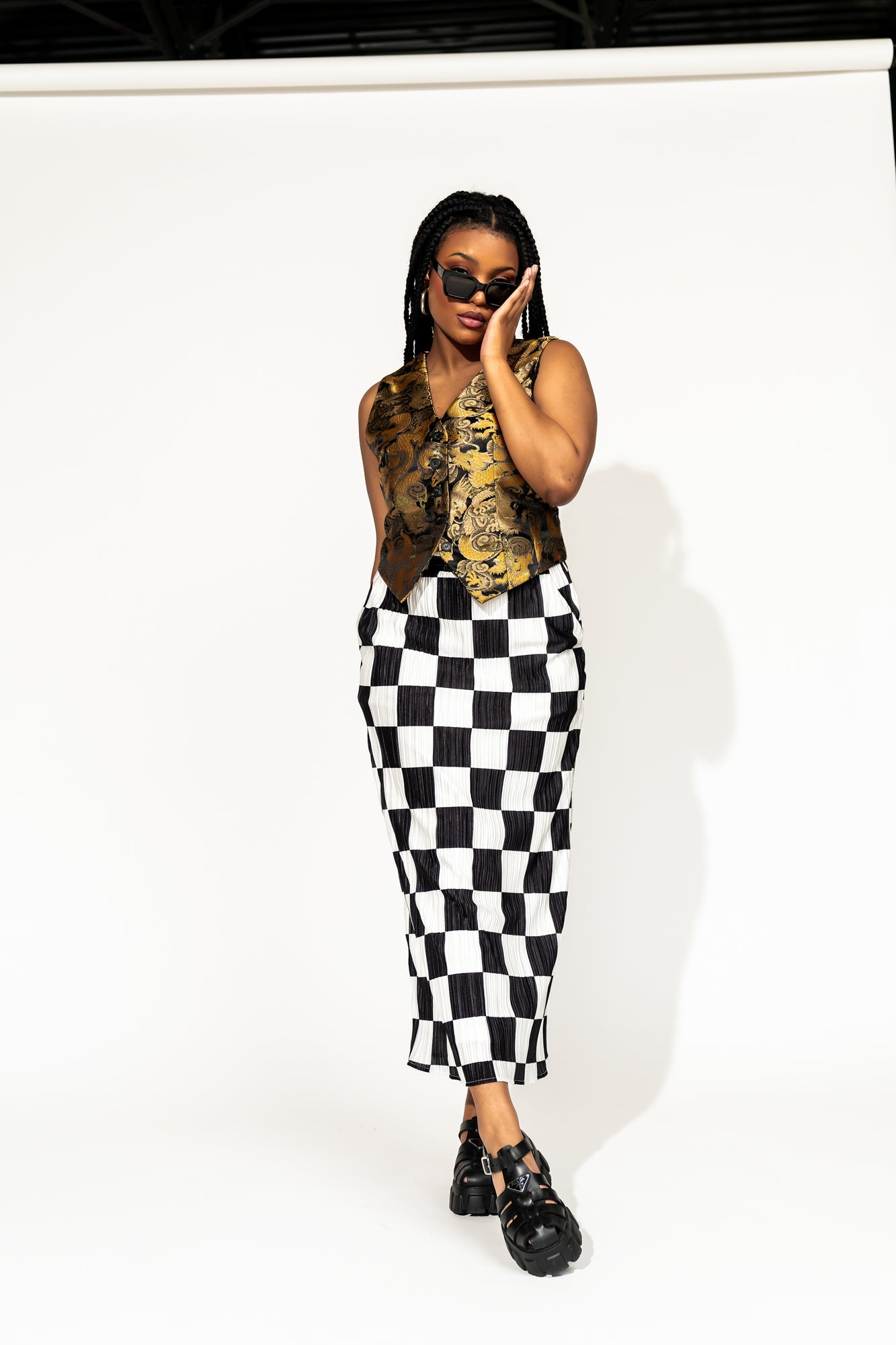 LALA ORIGINAL: Santorini Midi Plisse Skirt in Black + White Check - Dressed in Lala